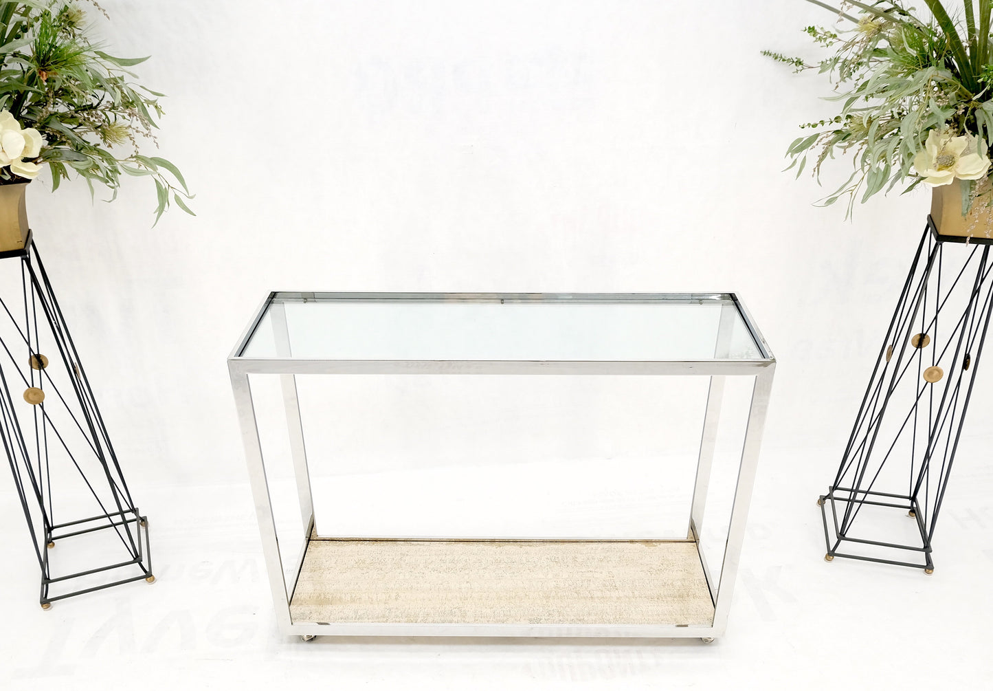 EstablishedLines Polished Stainless Steel Glass Top Travertine Bottom Rectangle Console Table