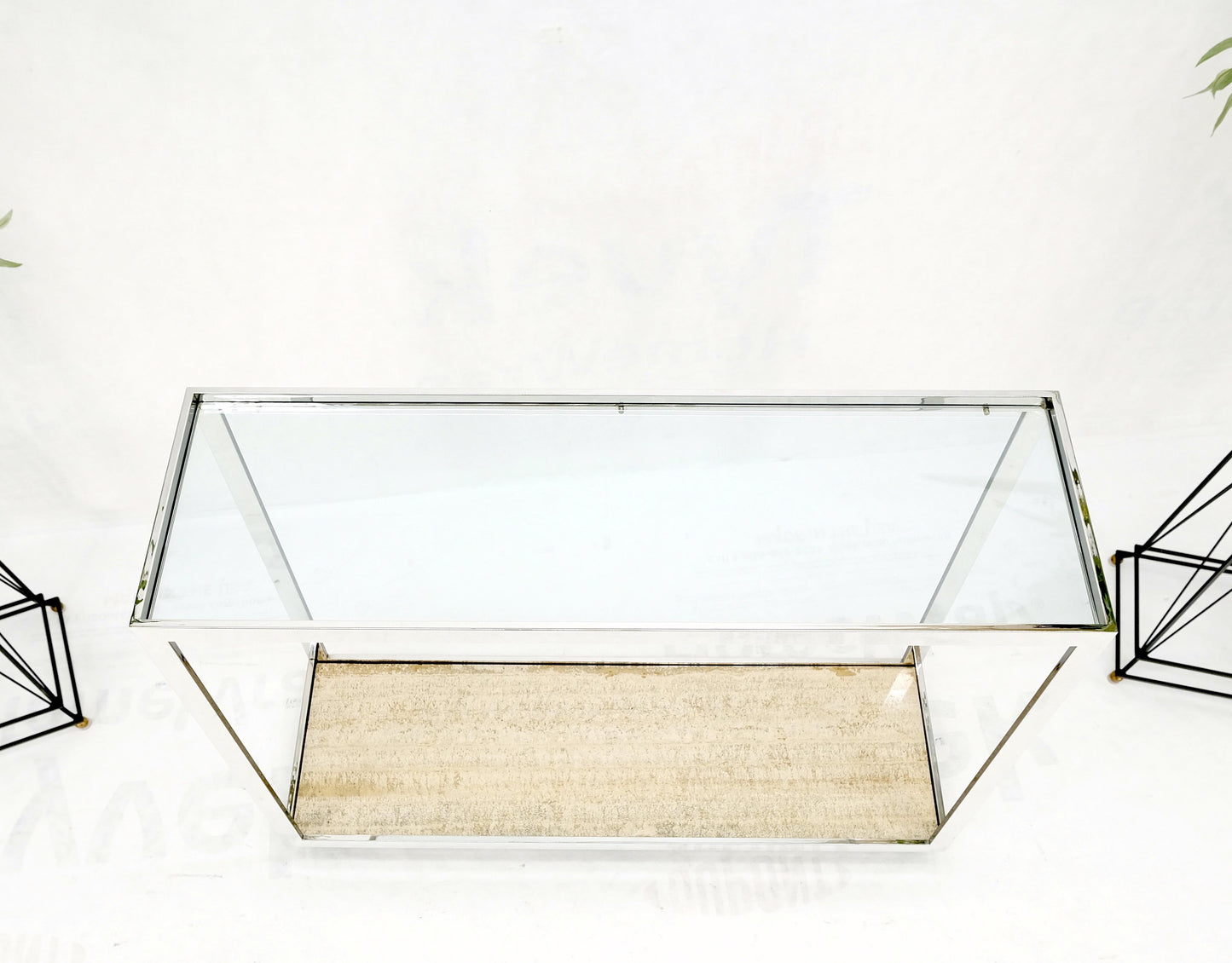 EstablishedLines Polished Stainless Steel Glass Top Travertine Bottom Rectangle Console Table