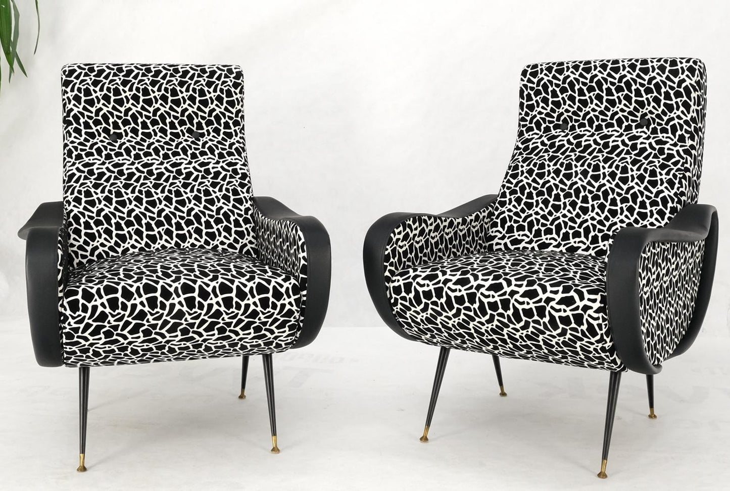 EstablishedLines Pair Black & White Pattern Fabric Italian Mid Century Modern Lounge Chairs Mint