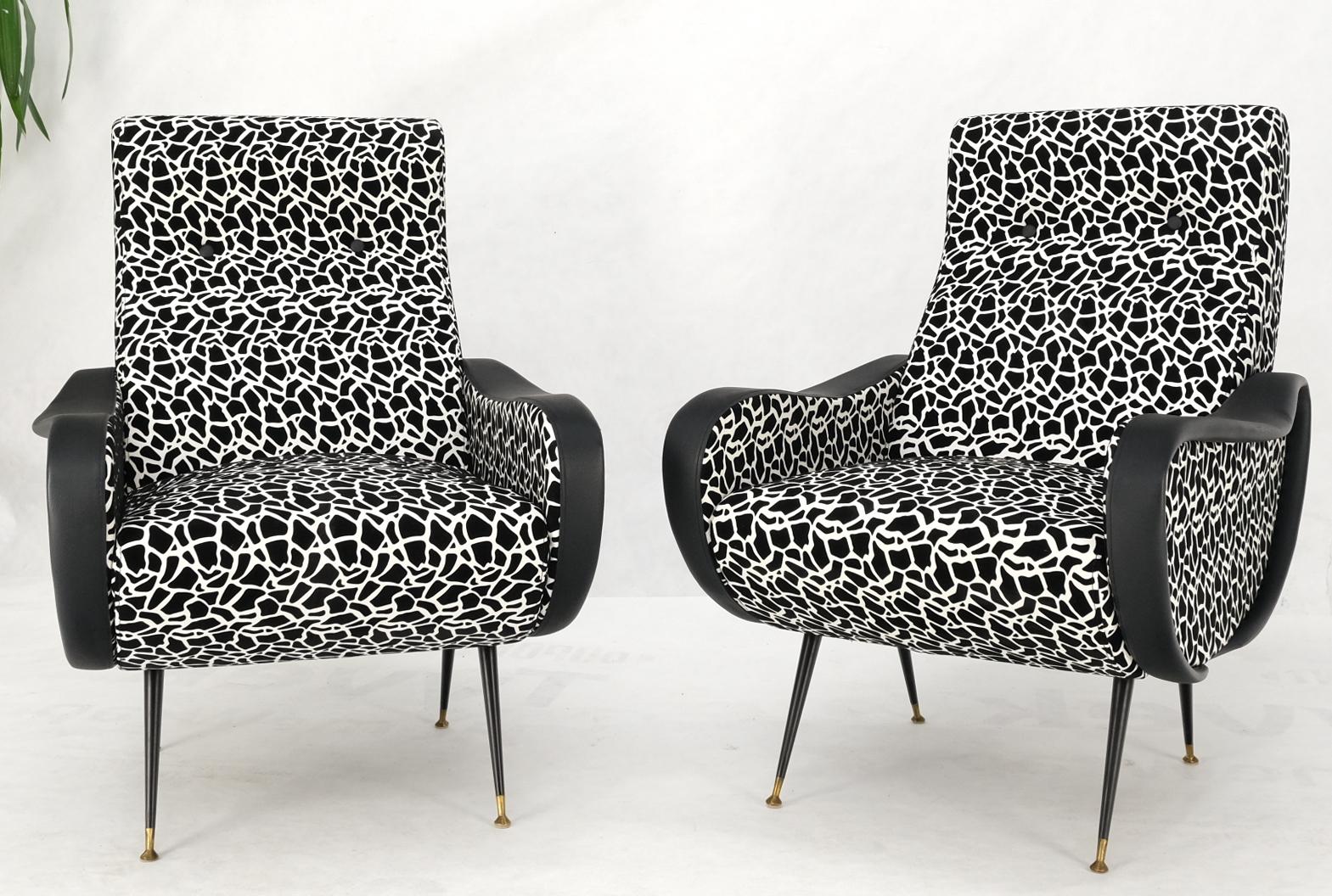 EstablishedLines Pair Black & White Pattern Fabric Italian Mid Century Modern Lounge Chairs Mint