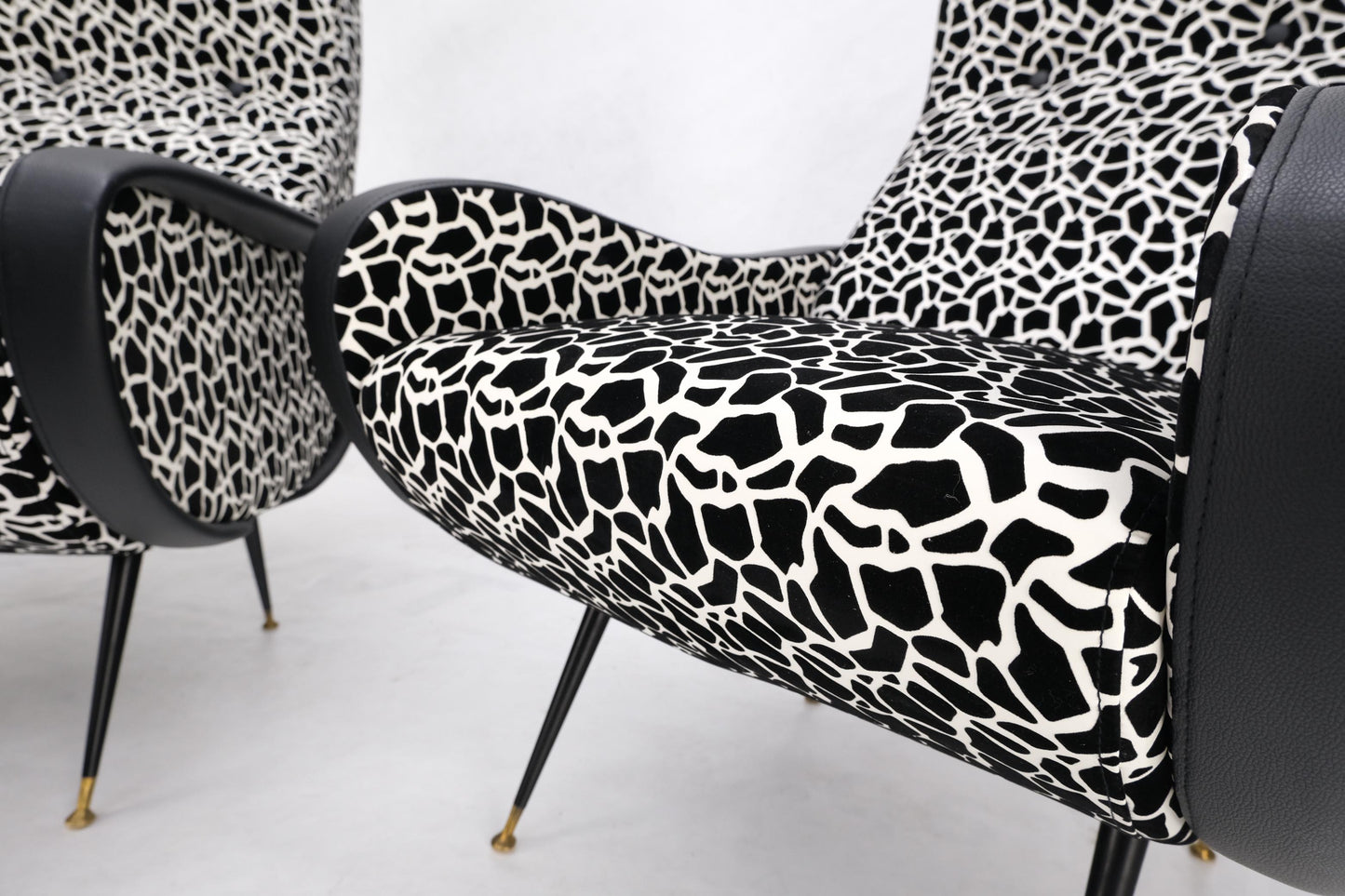EstablishedLines Pair Black & White Pattern Fabric Italian Mid Century Modern Lounge Chairs Mint