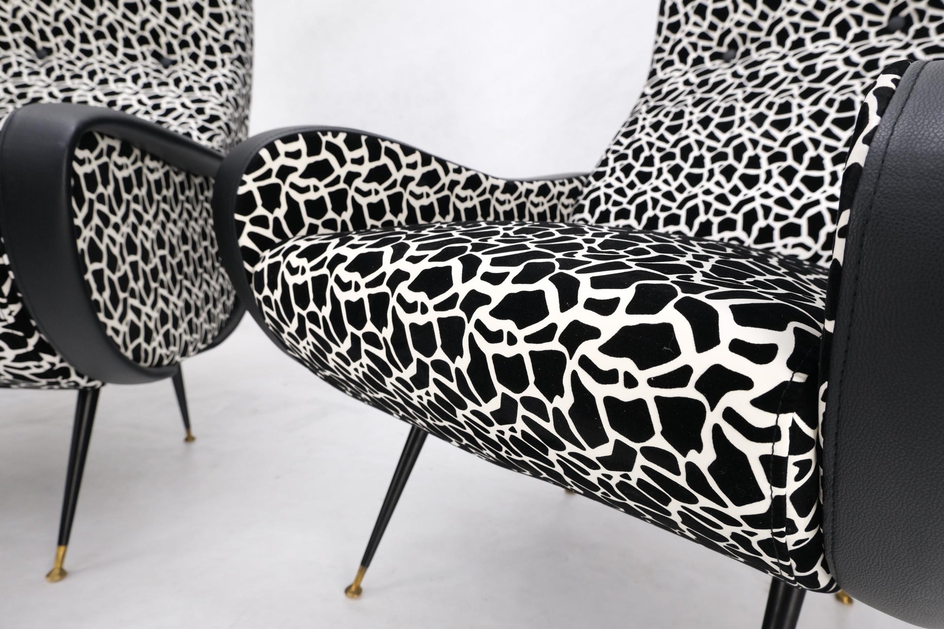 EstablishedLines Pair Black & White Pattern Fabric Italian Mid Century Modern Lounge Chairs Mint