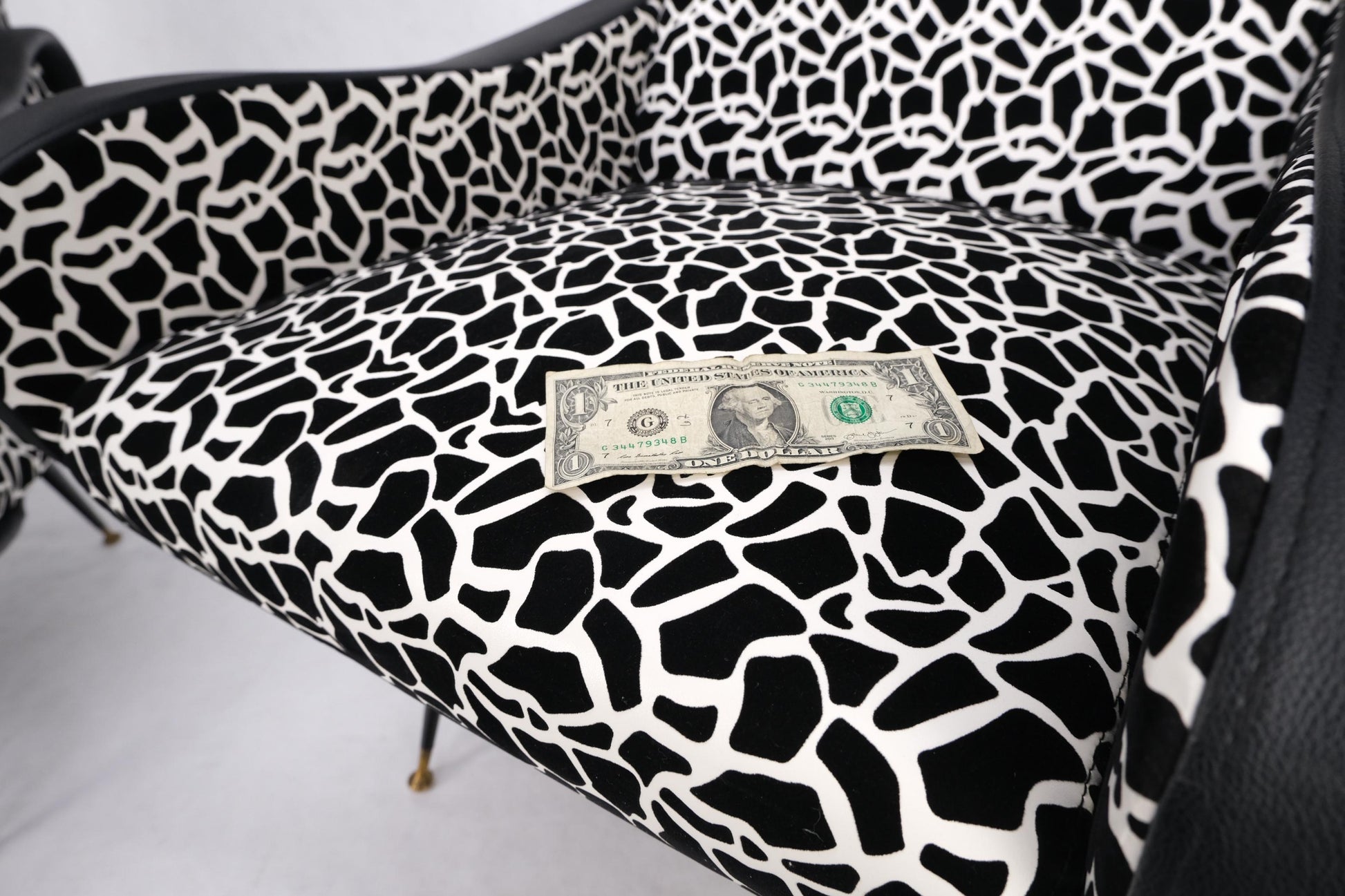 EstablishedLines Pair Black & White Pattern Fabric Italian Mid Century Modern Lounge Chairs Mint