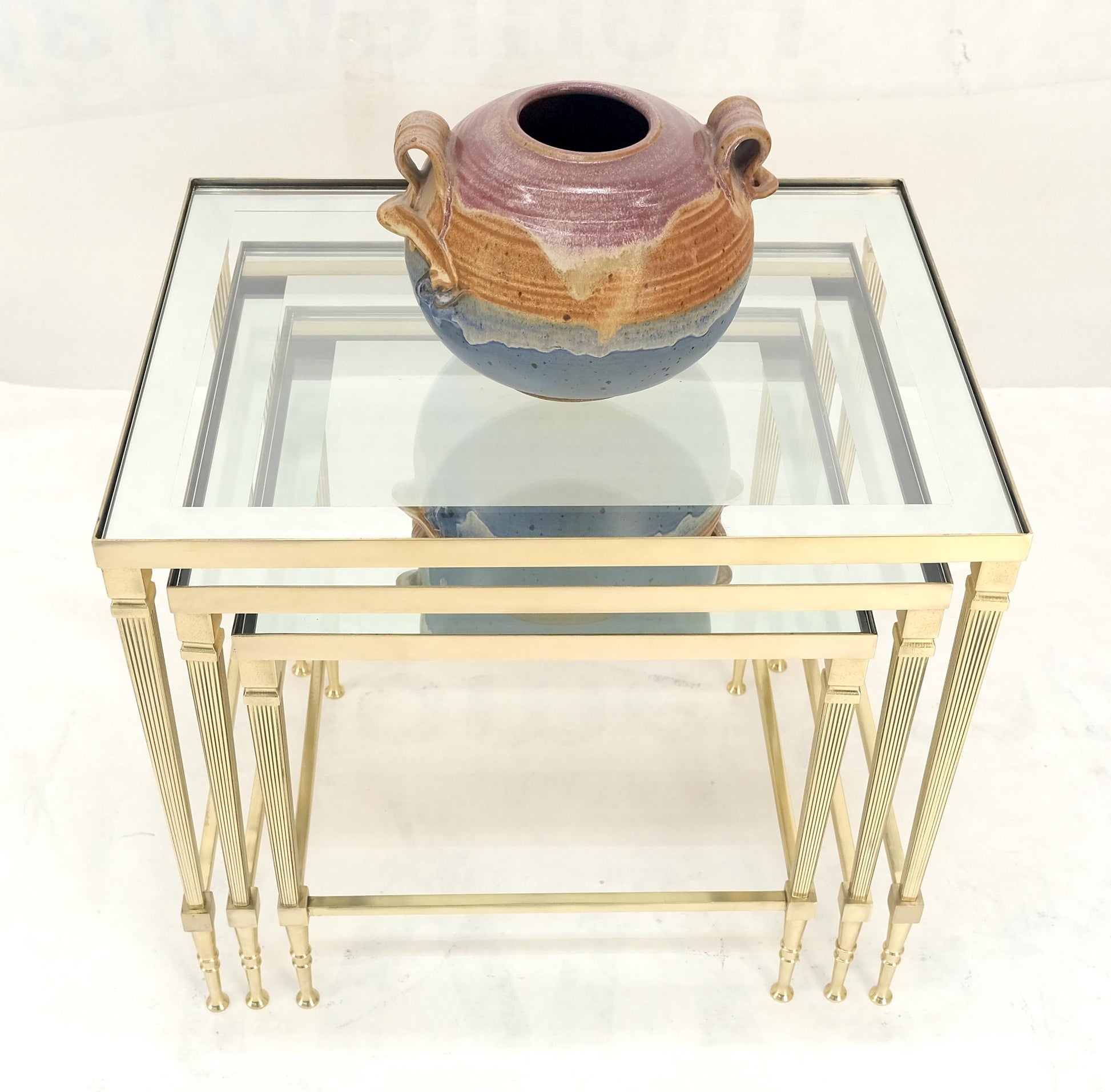EstablishedLines Fine Polished Brass Glass Mirrored Frames Tops Nesting Side Tables Stands Redone