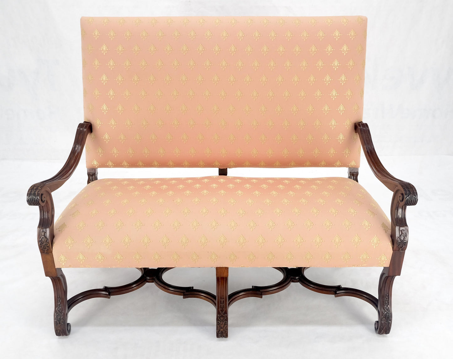 EstablishedLines French Regency Carved Mahogany X Shape Stretcher Upholstered Loveseat Near MINT!