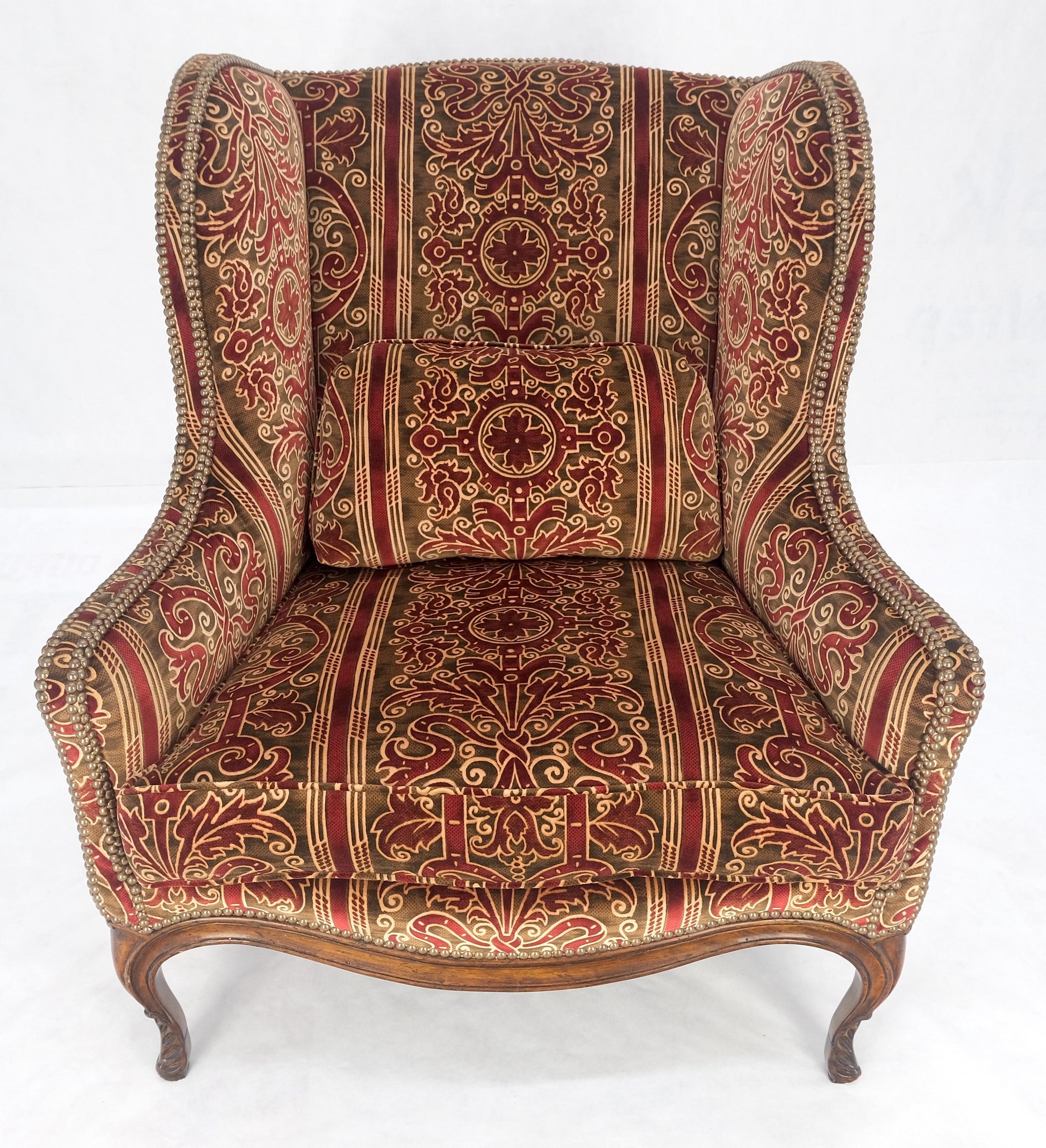 EstablishedLines Red Gold Brass Tacks Upholstery Carved Mahogany Base Legs Large Wing Chair MINT!