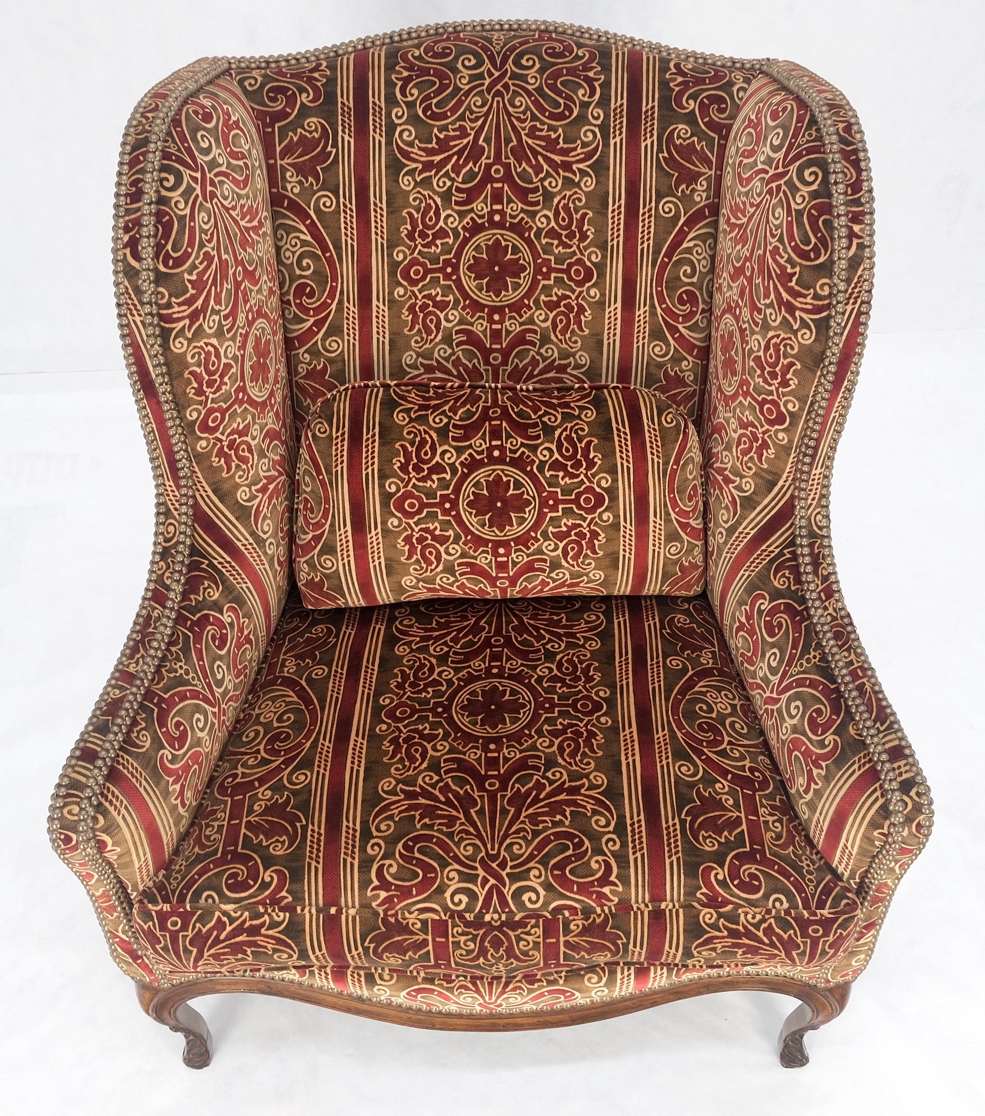 EstablishedLines Red Gold Brass Tacks Upholstery Carved Mahogany Base Legs Large Wing Chair MINT!