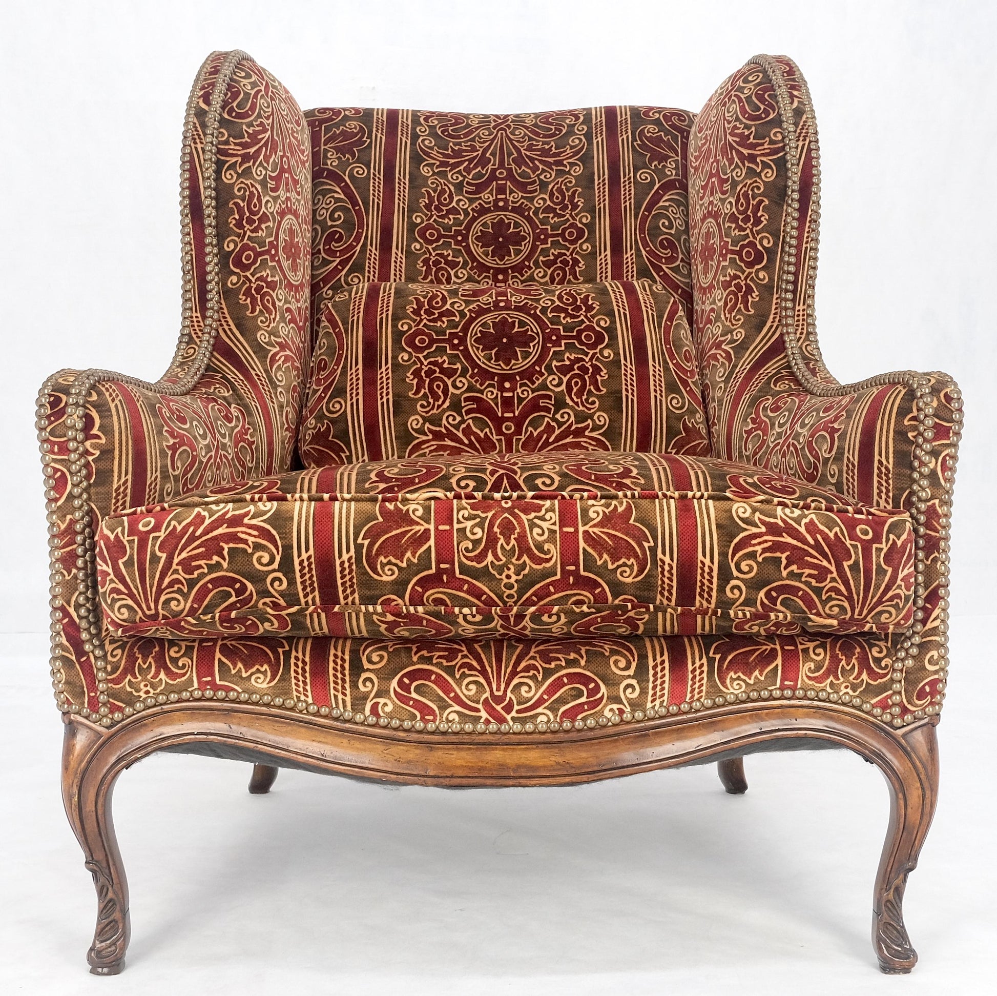 EstablishedLines Red Gold Brass Tacks Upholstery Carved Mahogany Base Legs Large Wing Chair MINT!