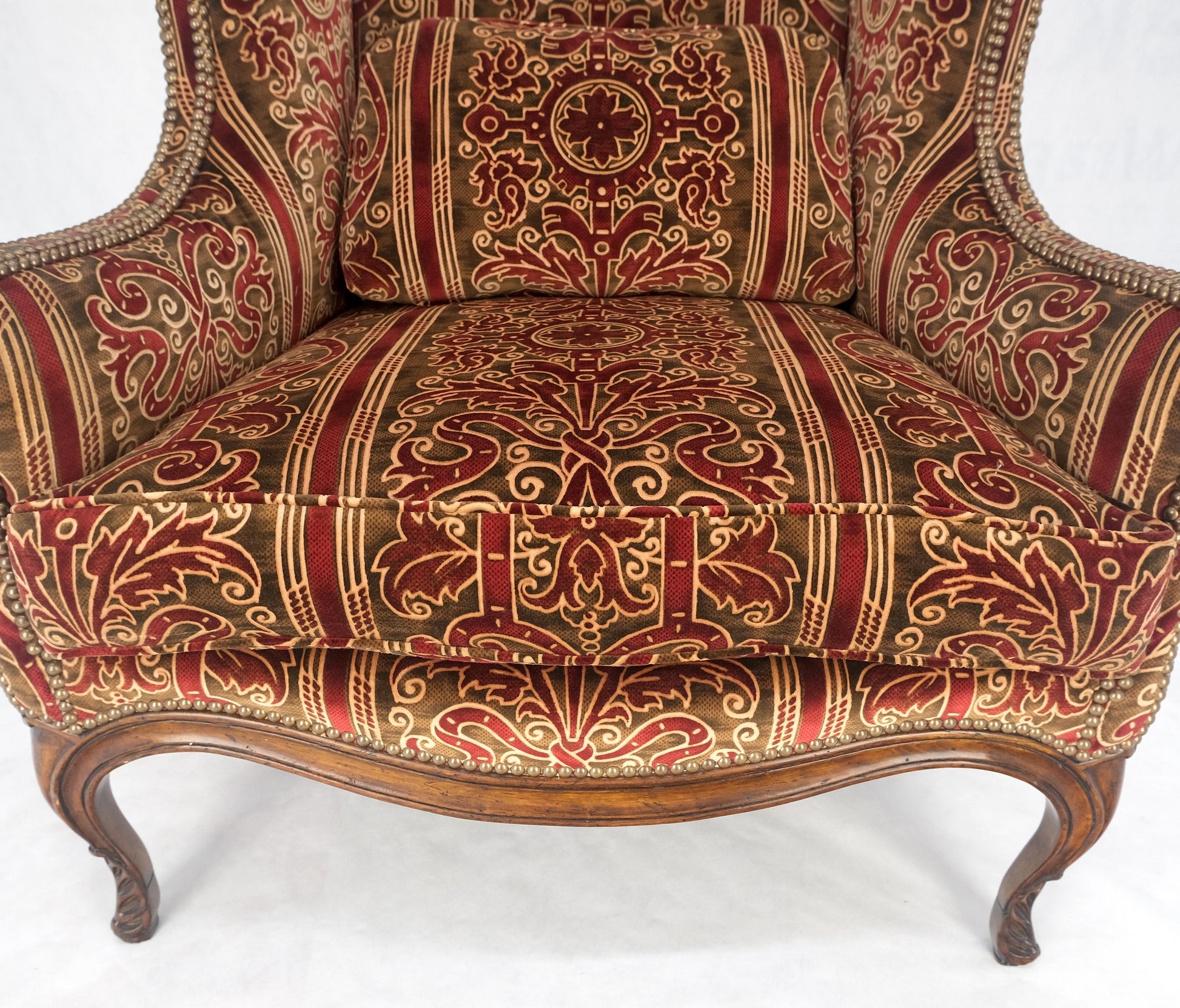 EstablishedLines Red Gold Brass Tacks Upholstery Carved Mahogany Base Legs Large Wing Chair MINT!
