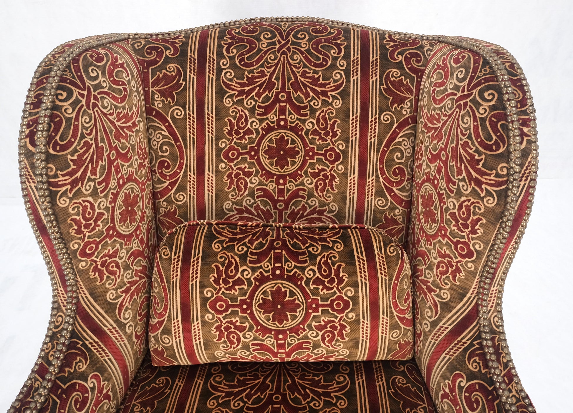 EstablishedLines Red Gold Brass Tacks Upholstery Carved Mahogany Base Legs Large Wing Chair MINT!