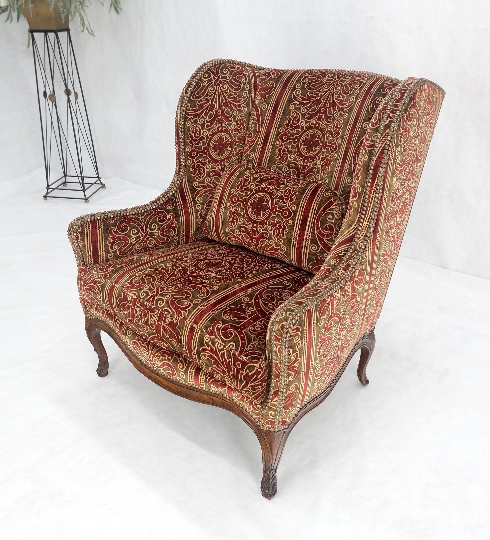 EstablishedLines Red Gold Brass Tacks Upholstery Carved Mahogany Base Legs Large Wing Chair MINT!