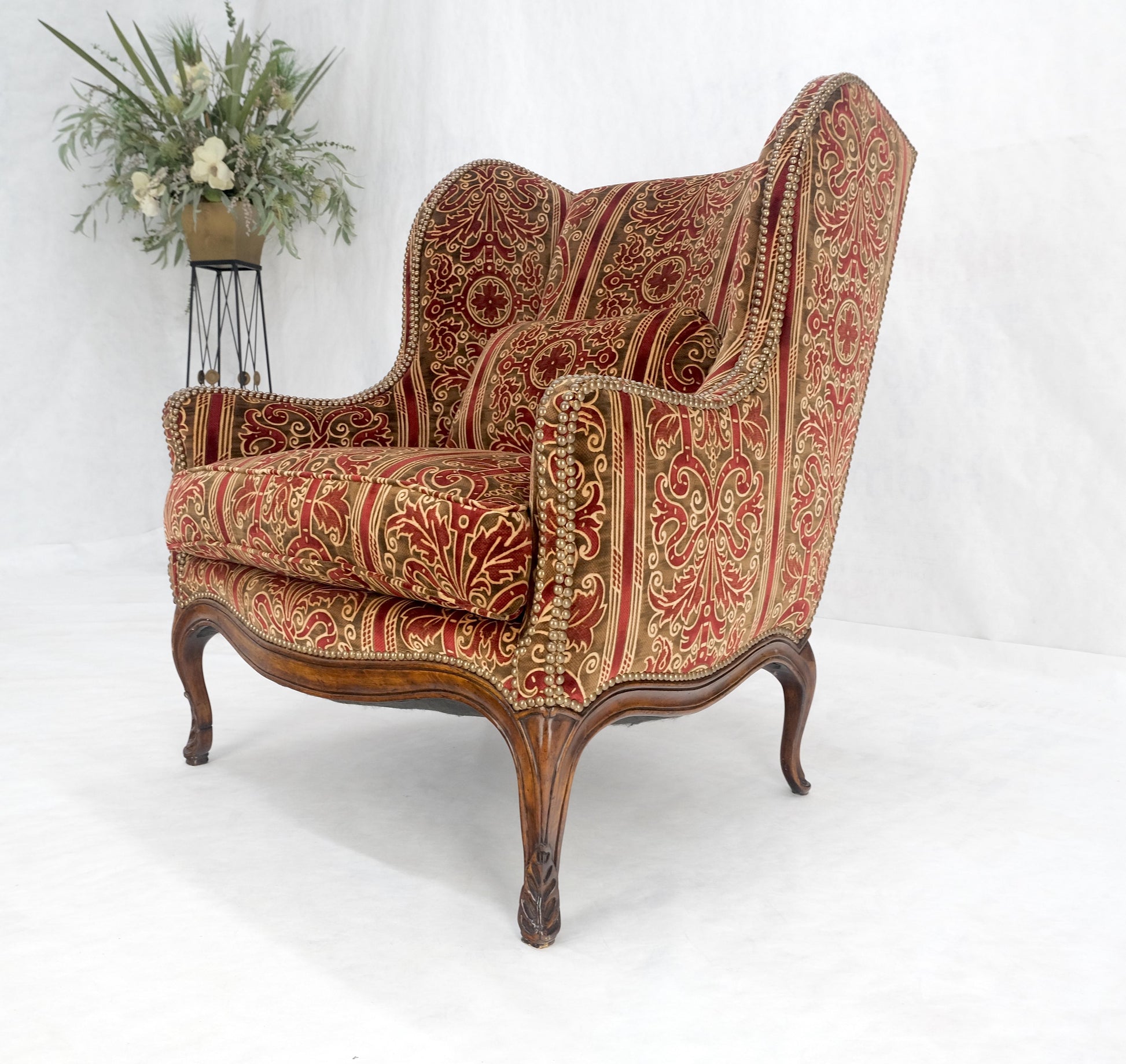 EstablishedLines Red Gold Brass Tacks Upholstery Carved Mahogany Base Legs Large Wing Chair MINT!
