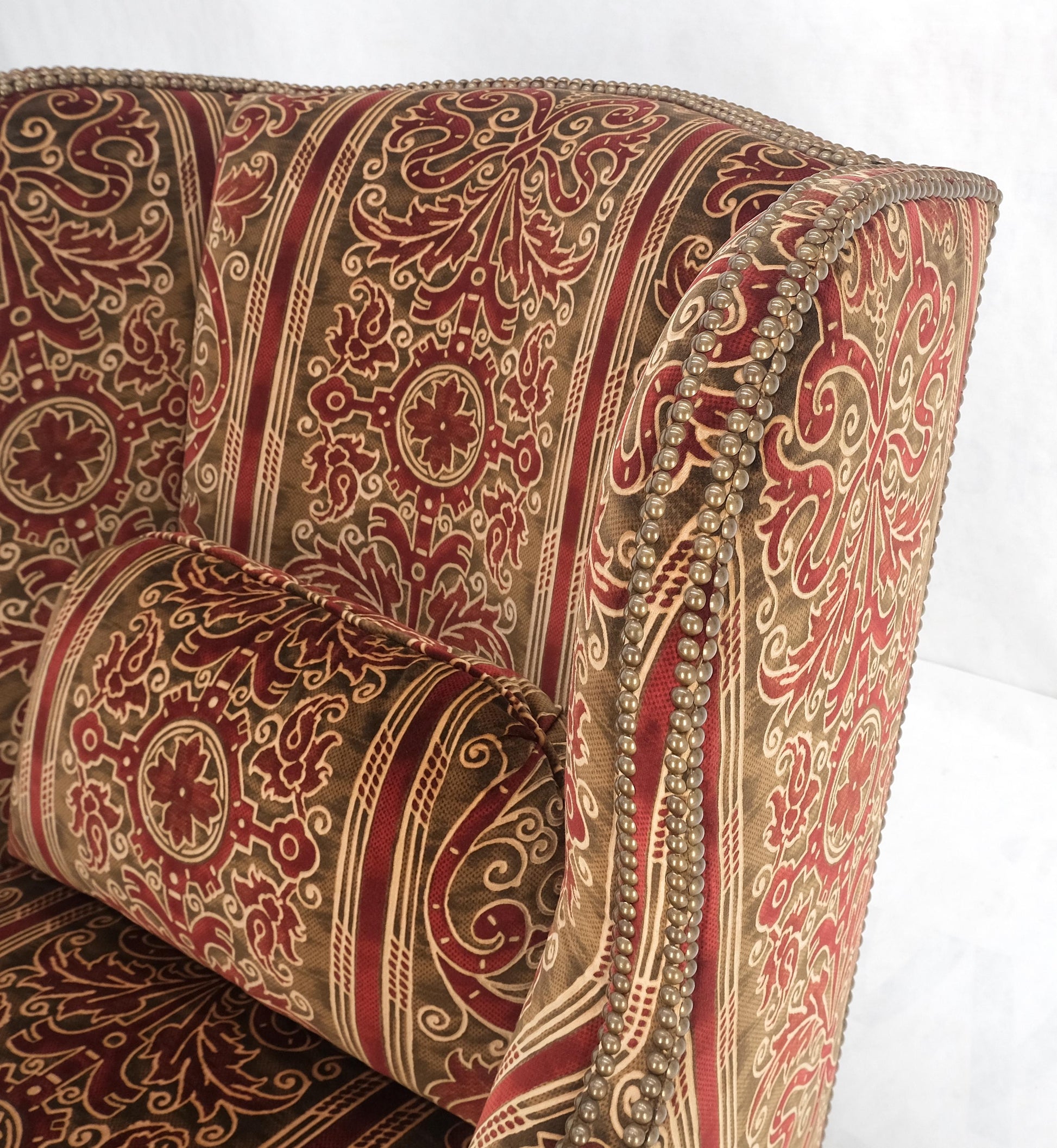 EstablishedLines Red Gold Brass Tacks Upholstery Carved Mahogany Base Legs Large Wing Chair MINT!