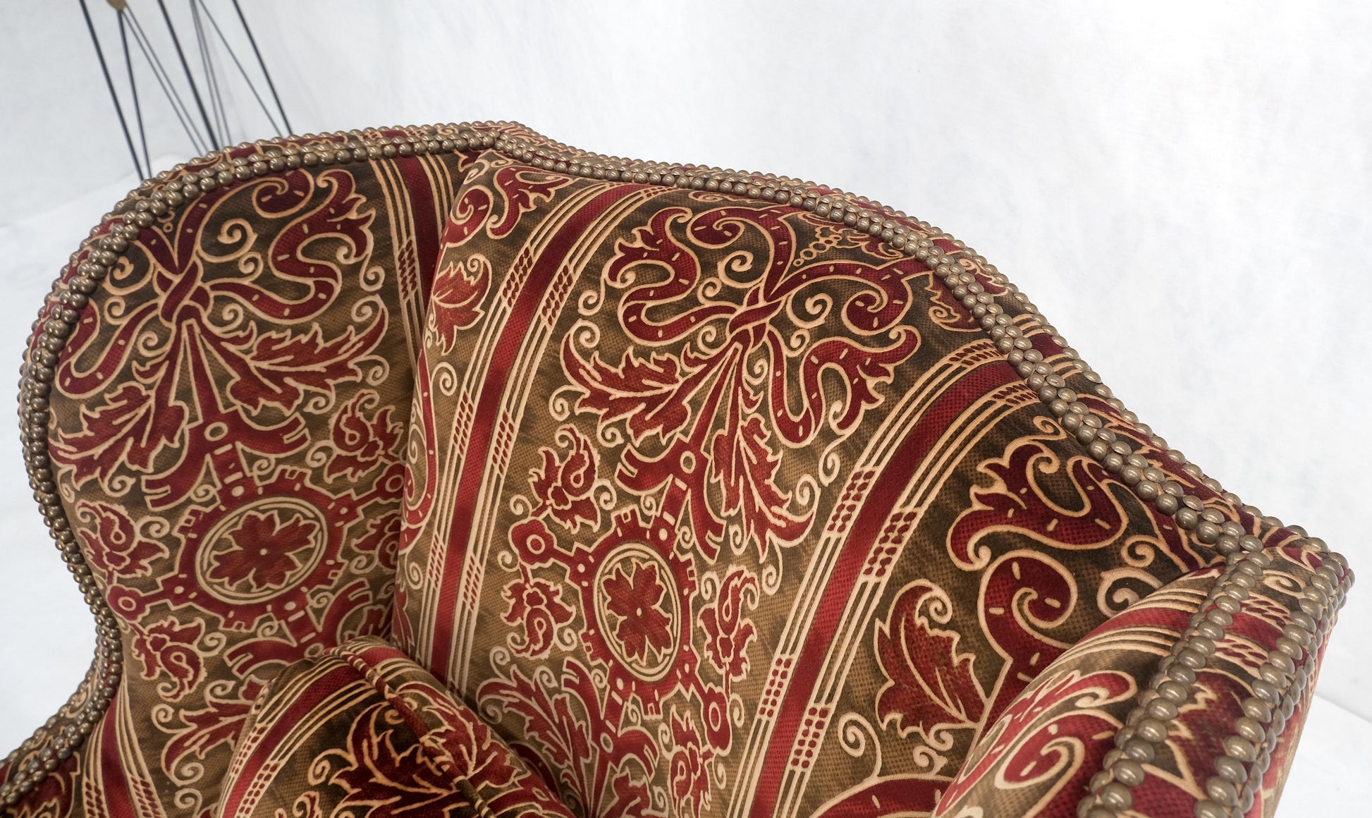 EstablishedLines Red Gold Brass Tacks Upholstery Carved Mahogany Base Legs Large Wing Chair MINT!