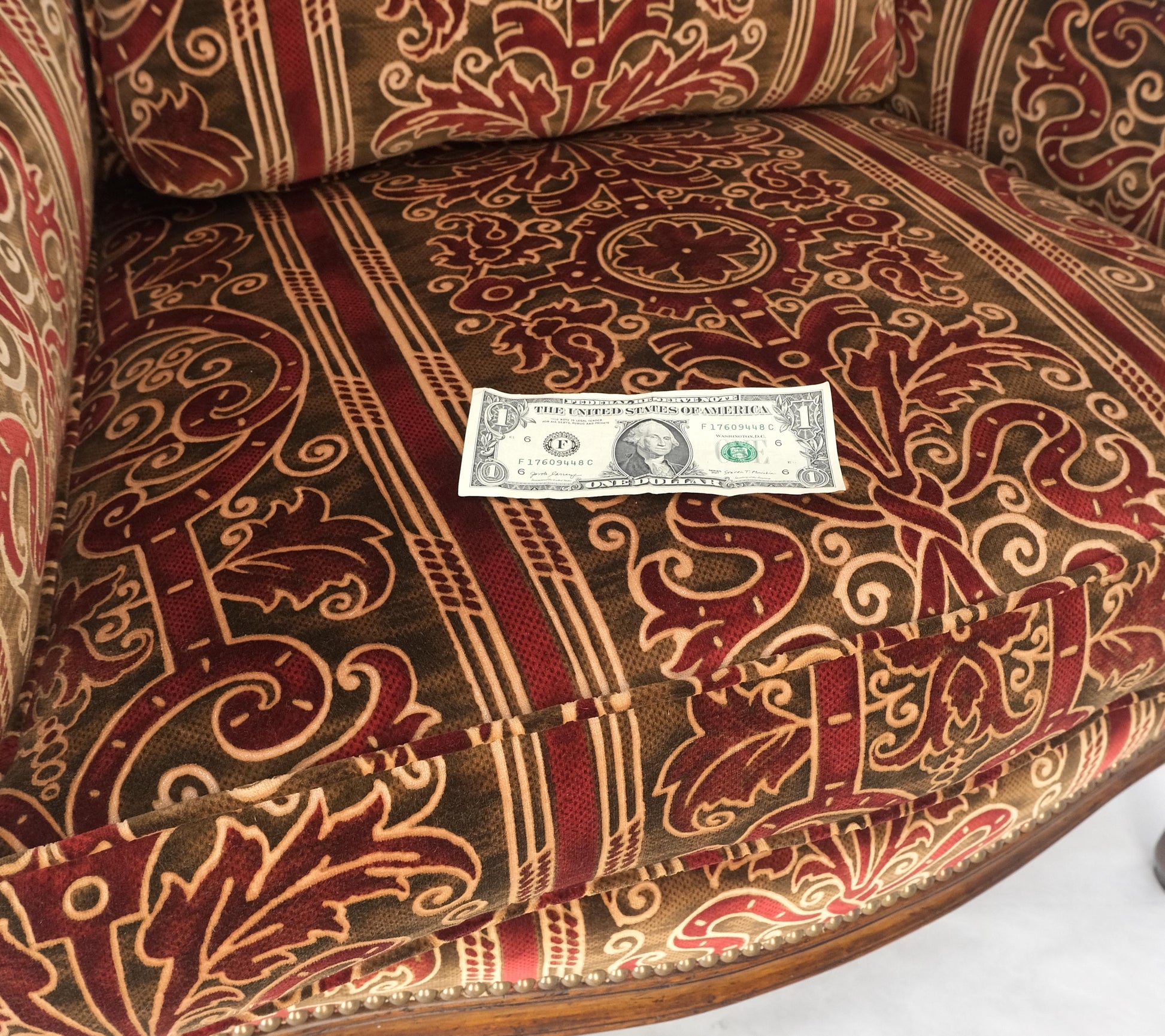 EstablishedLines Red Gold Brass Tacks Upholstery Carved Mahogany Base Legs Large Wing Chair MINT!