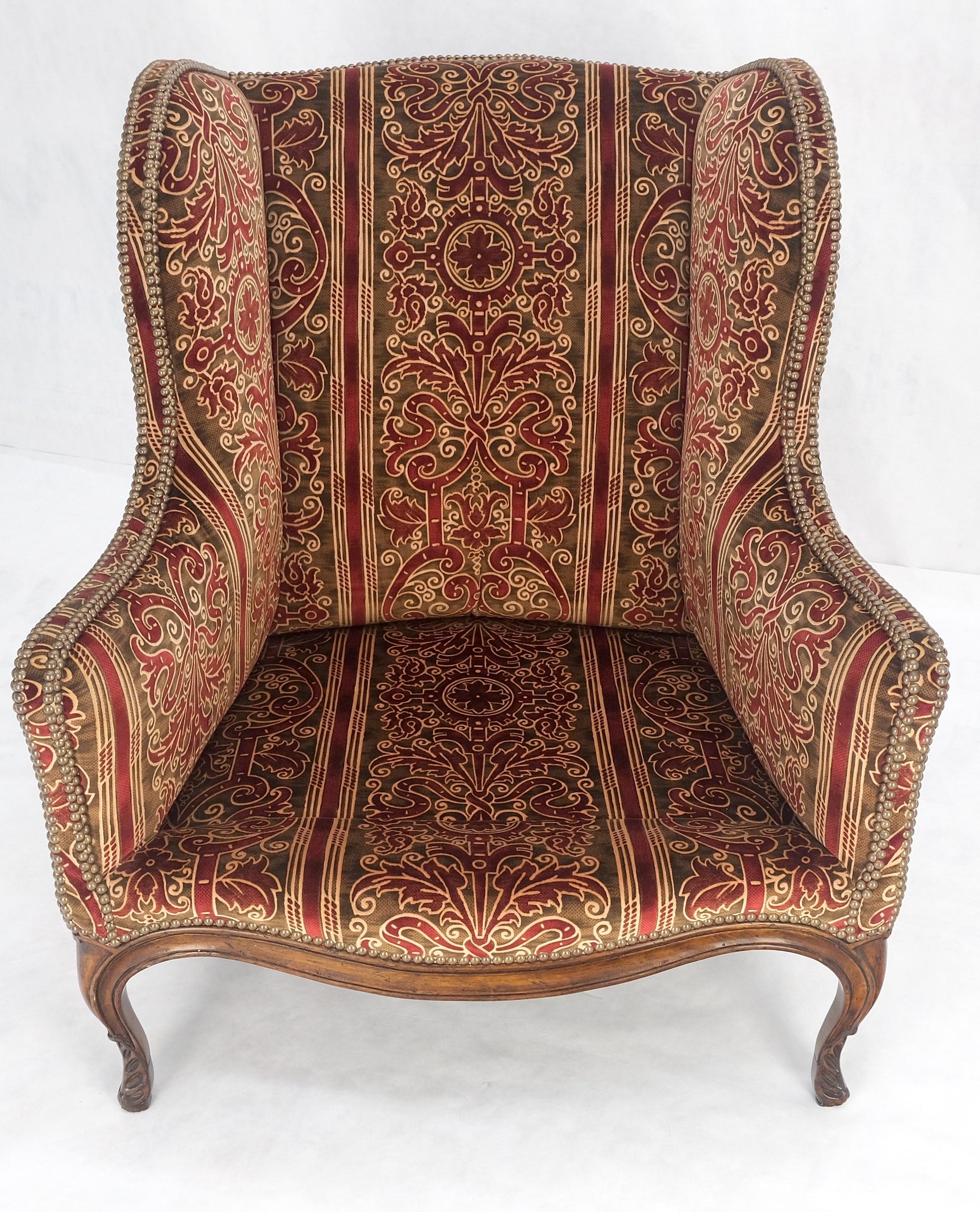 EstablishedLines Red Gold Brass Tacks Upholstery Carved Mahogany Base Legs Large Wing Chair MINT!