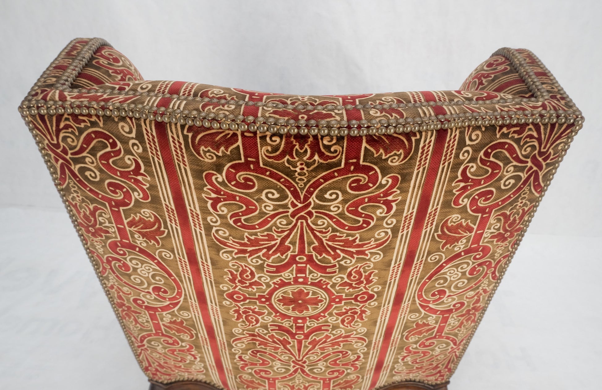EstablishedLines Red Gold Brass Tacks Upholstery Carved Mahogany Base Legs Large Wing Chair MINT!