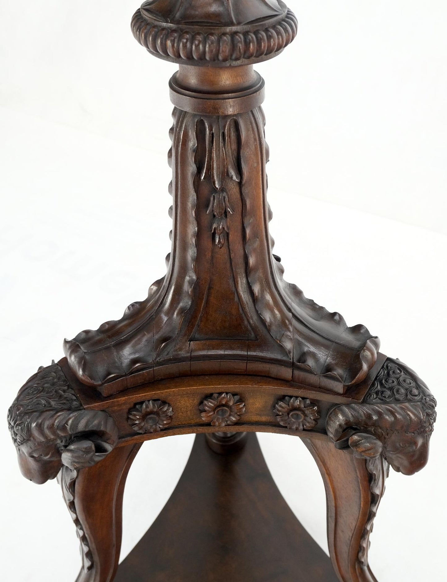 EstablishedLines Very Fine Carved Mahogany Rams Heads Floor lamp Base Gold Leaf Leafs Horner Attr