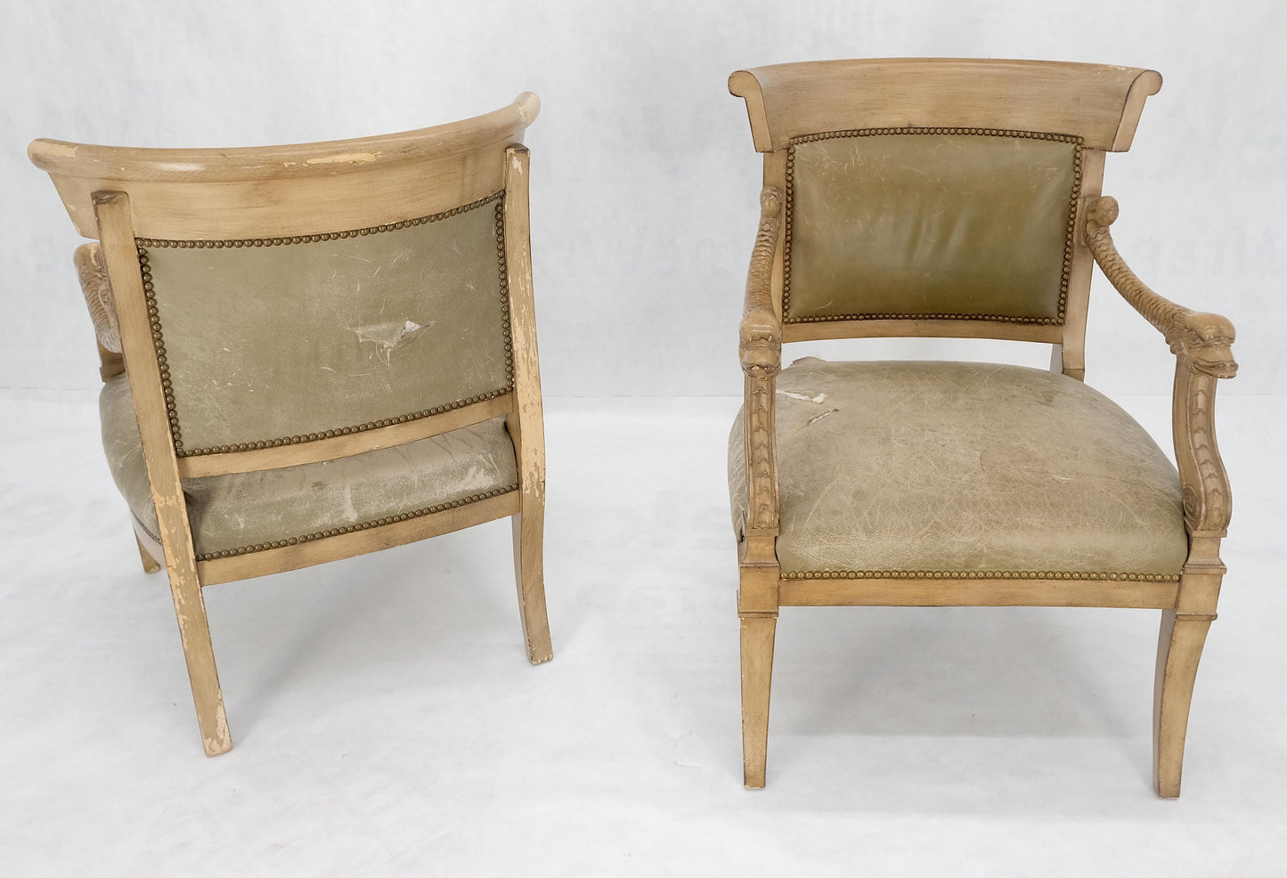 EstablishedLines Carved Dolphins Shape Arms Rounded Back Lounge Chairs Leather Upholstery AS IS