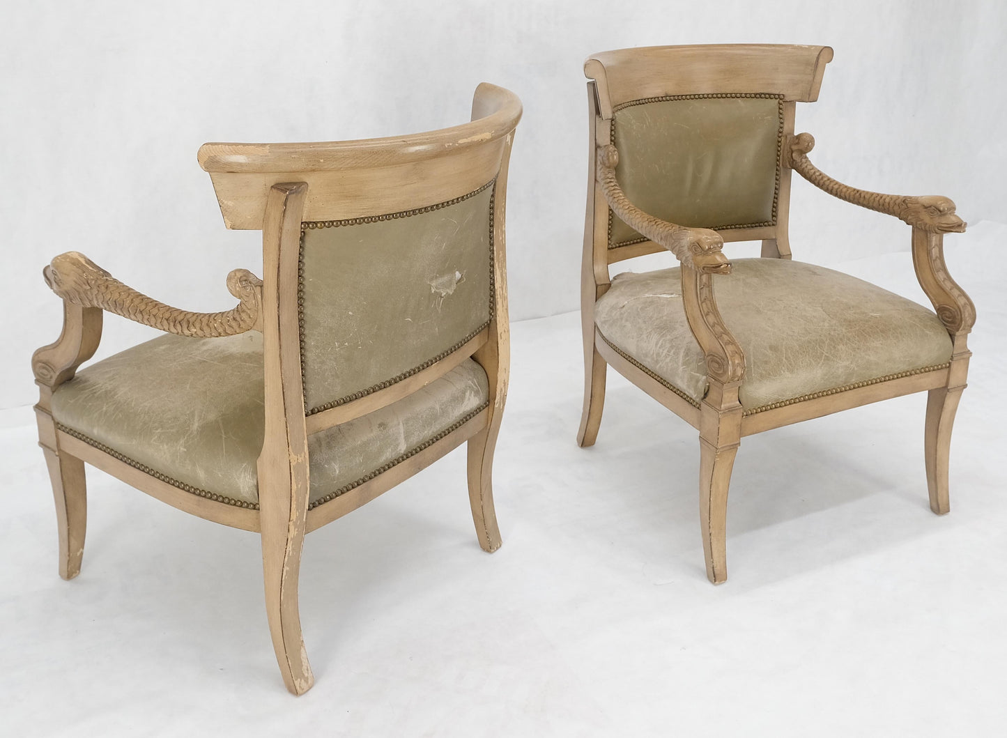 EstablishedLines Carved Dolphins Shape Arms Rounded Back Lounge Chairs Leather Upholstery AS IS