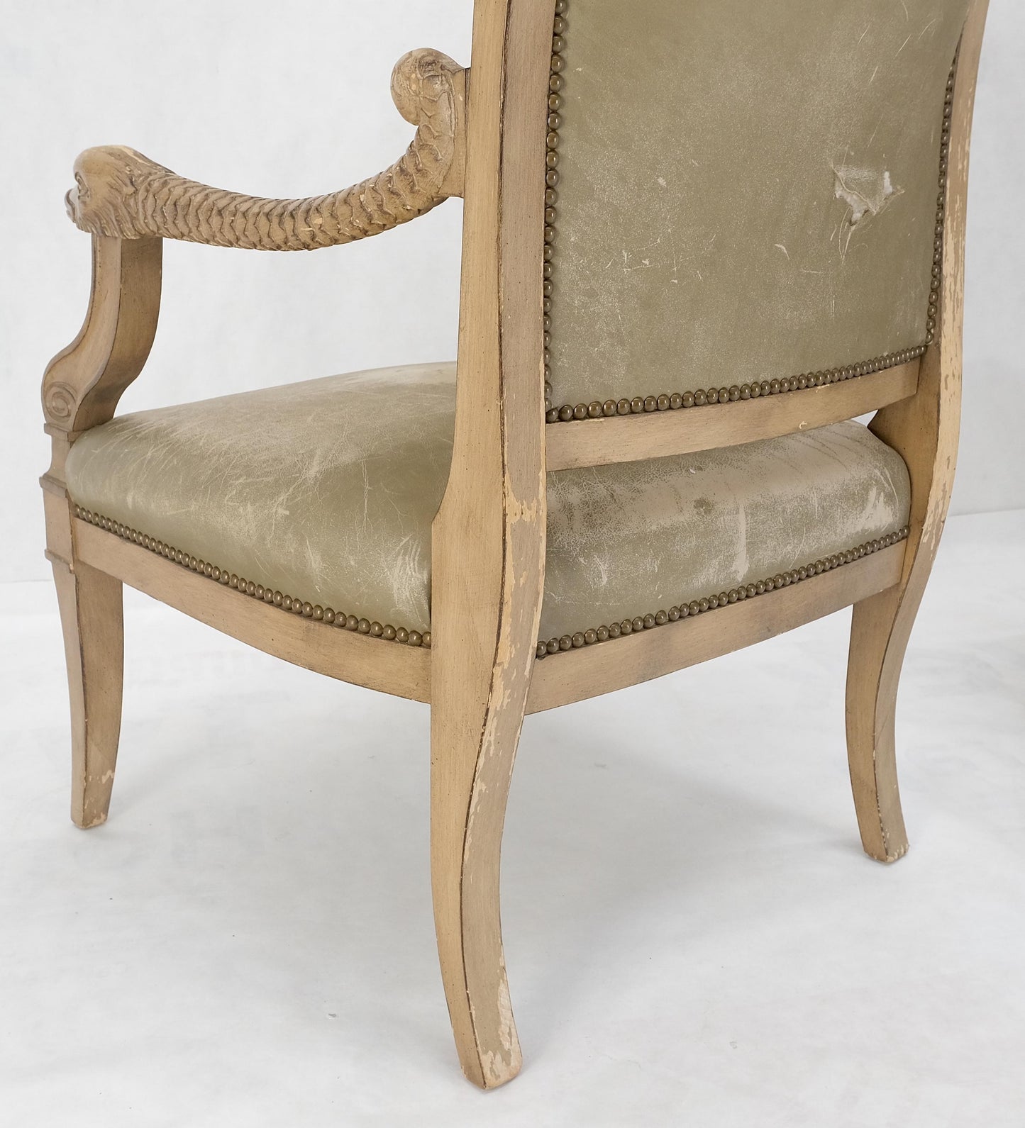 EstablishedLines Carved Dolphins Shape Arms Rounded Back Lounge Chairs Leather Upholstery AS IS