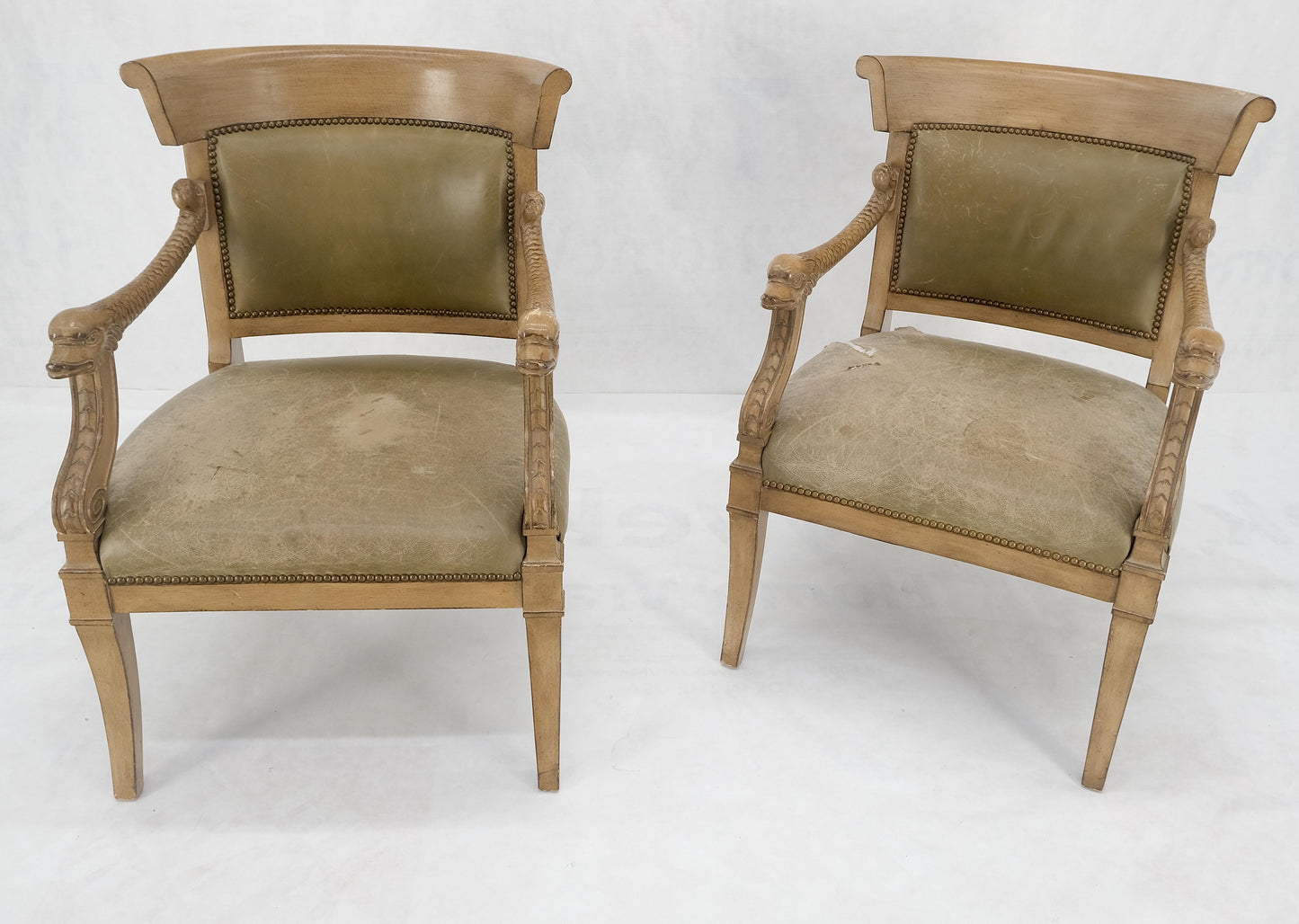 EstablishedLines Carved Dolphins Shape Arms Rounded Back Lounge Chairs Leather Upholstery AS IS