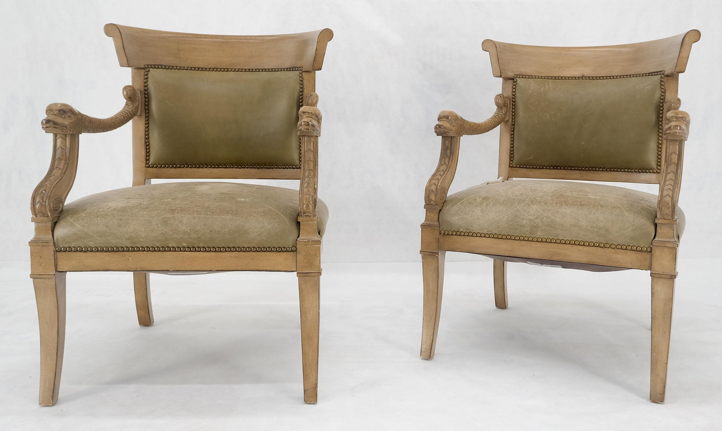 EstablishedLines Carved Dolphins Shape Arms Rounded Back Lounge Chairs Leather Upholstery AS IS