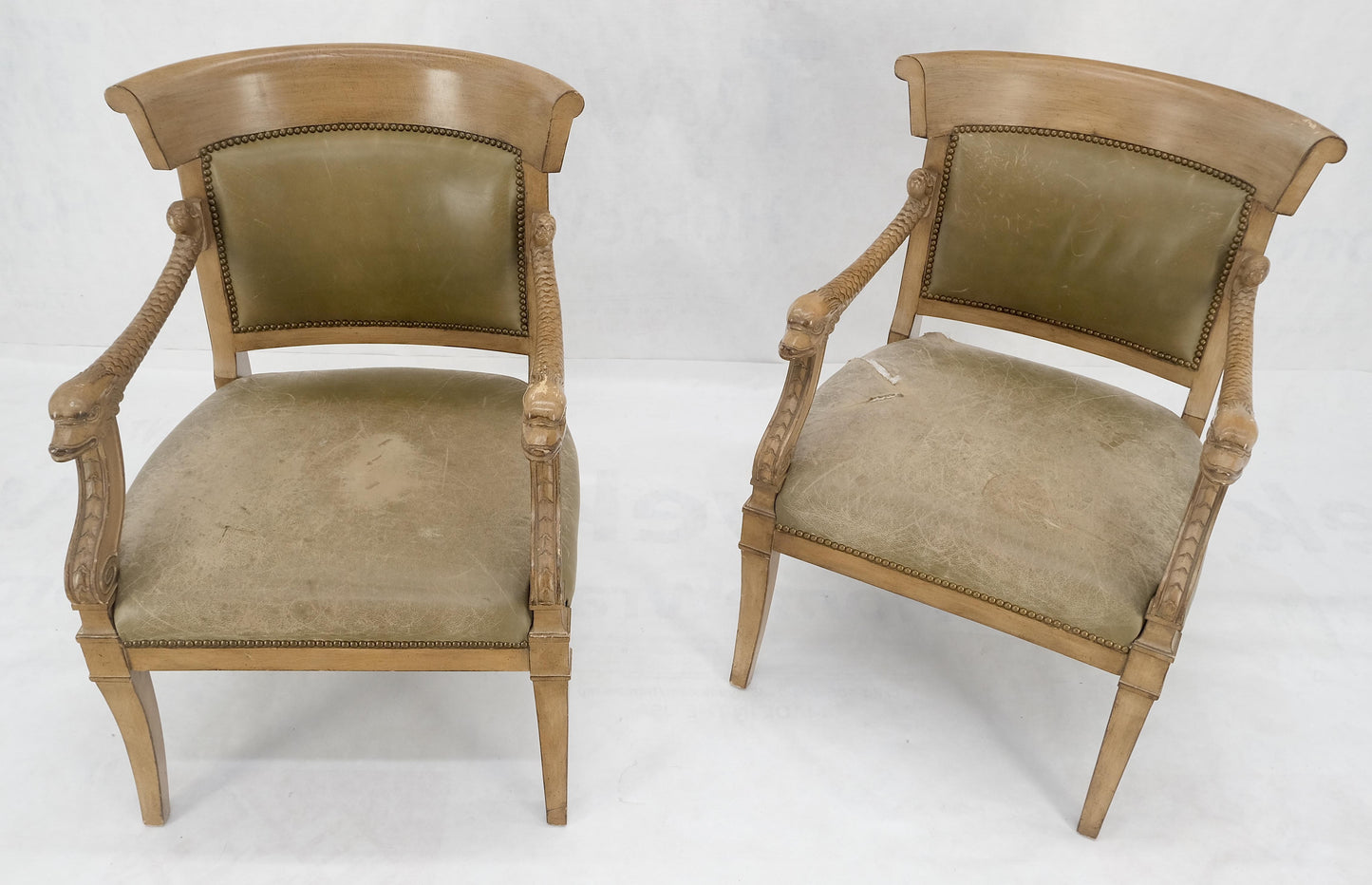 EstablishedLines Carved Dolphins Shape Arms Rounded Back Lounge Chairs Leather Upholstery AS IS