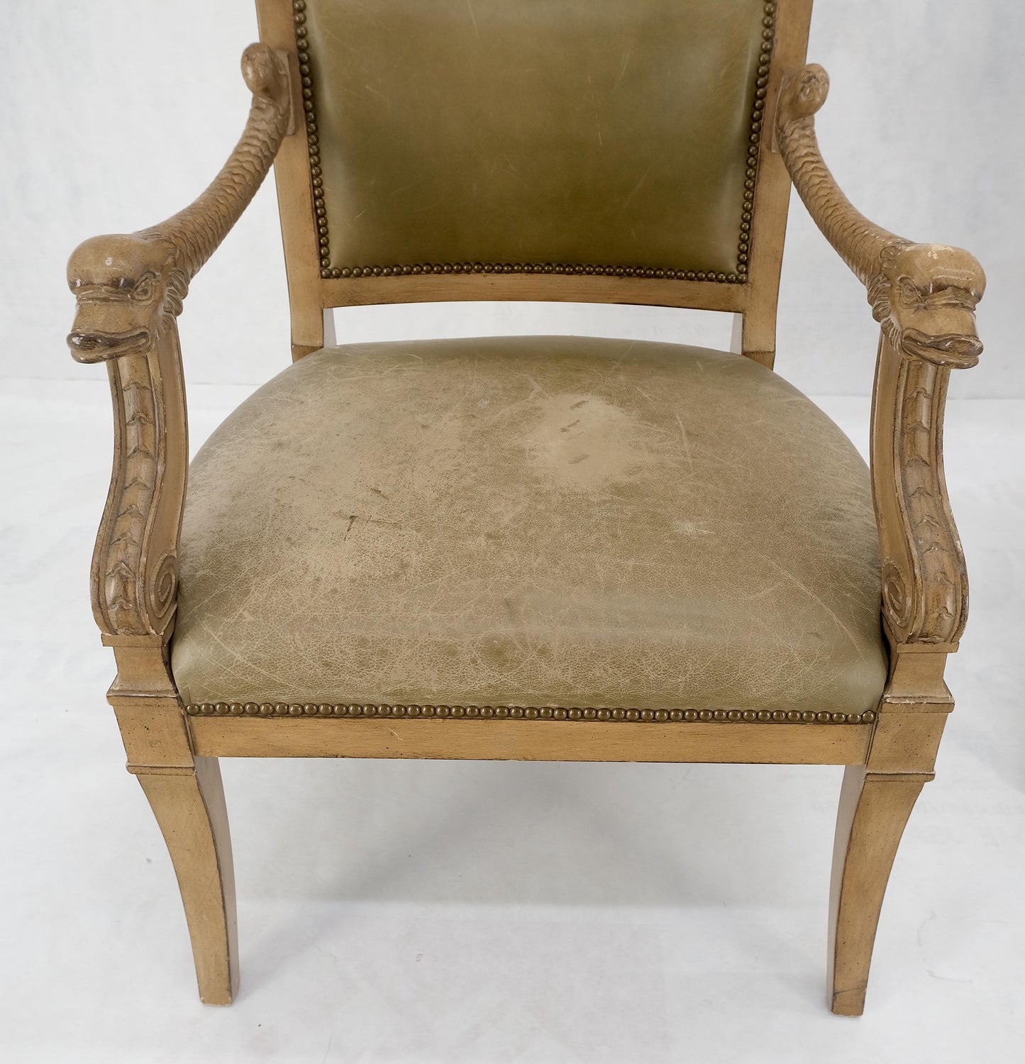 EstablishedLines Carved Dolphins Shape Arms Rounded Back Lounge Chairs Leather Upholstery AS IS