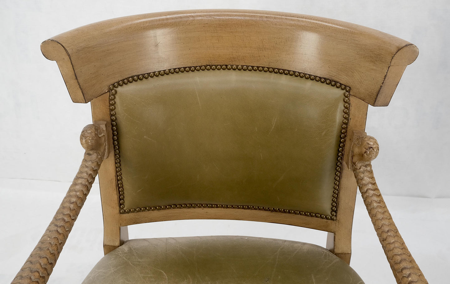 EstablishedLines Carved Dolphins Shape Arms Rounded Back Lounge Chairs Leather Upholstery AS IS