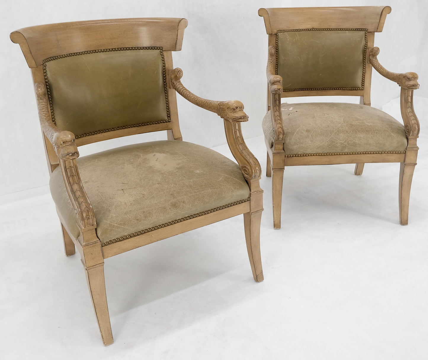 EstablishedLines Carved Dolphins Shape Arms Rounded Back Lounge Chairs Leather Upholstery AS IS