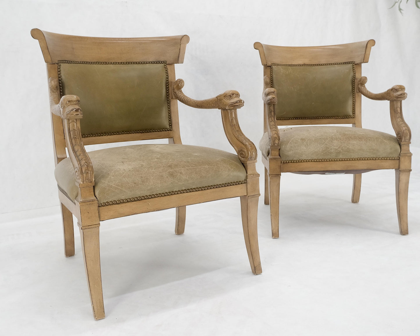 EstablishedLines Carved Dolphins Shape Arms Rounded Back Lounge Chairs Leather Upholstery AS IS