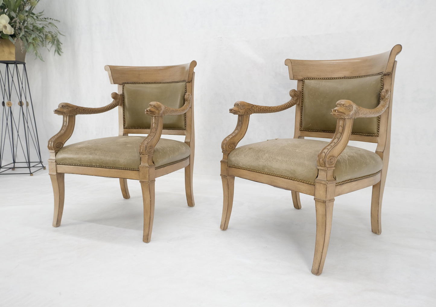 EstablishedLines Carved Dolphins Shape Arms Rounded Back Lounge Chairs Leather Upholstery AS IS