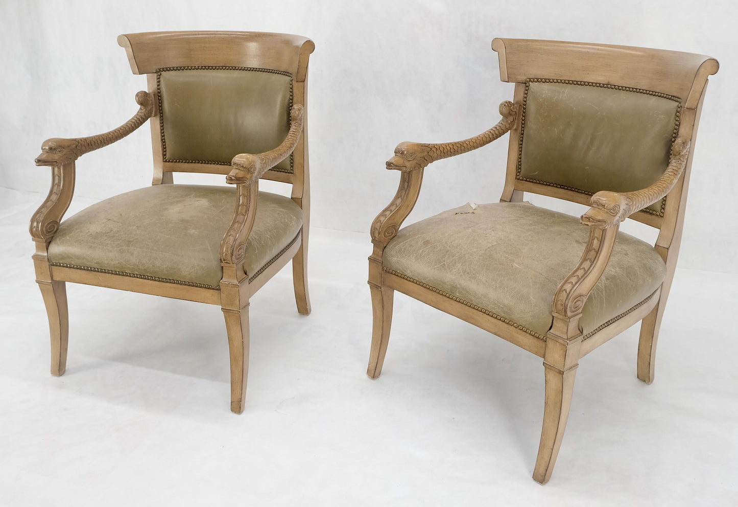 EstablishedLines Carved Dolphins Shape Arms Rounded Back Lounge Chairs Leather Upholstery AS IS