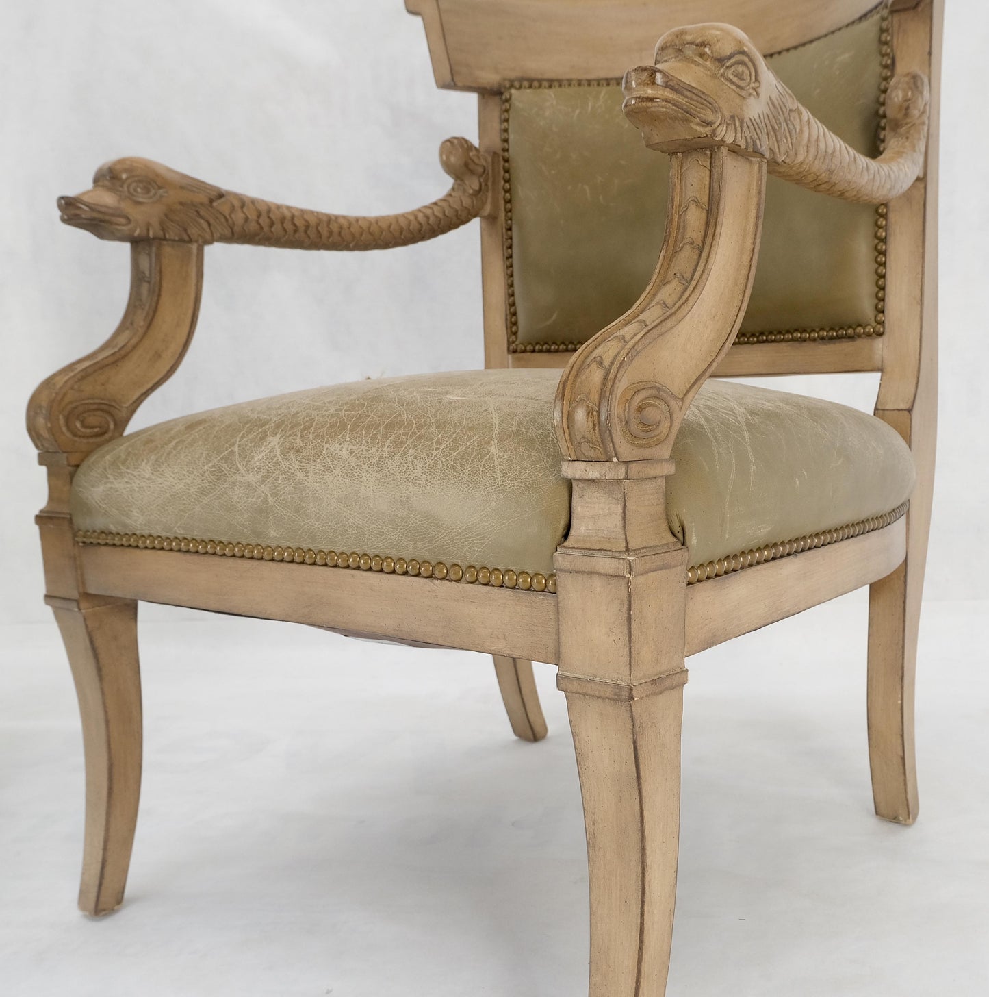 EstablishedLines Carved Dolphins Shape Arms Rounded Back Lounge Chairs Leather Upholstery AS IS