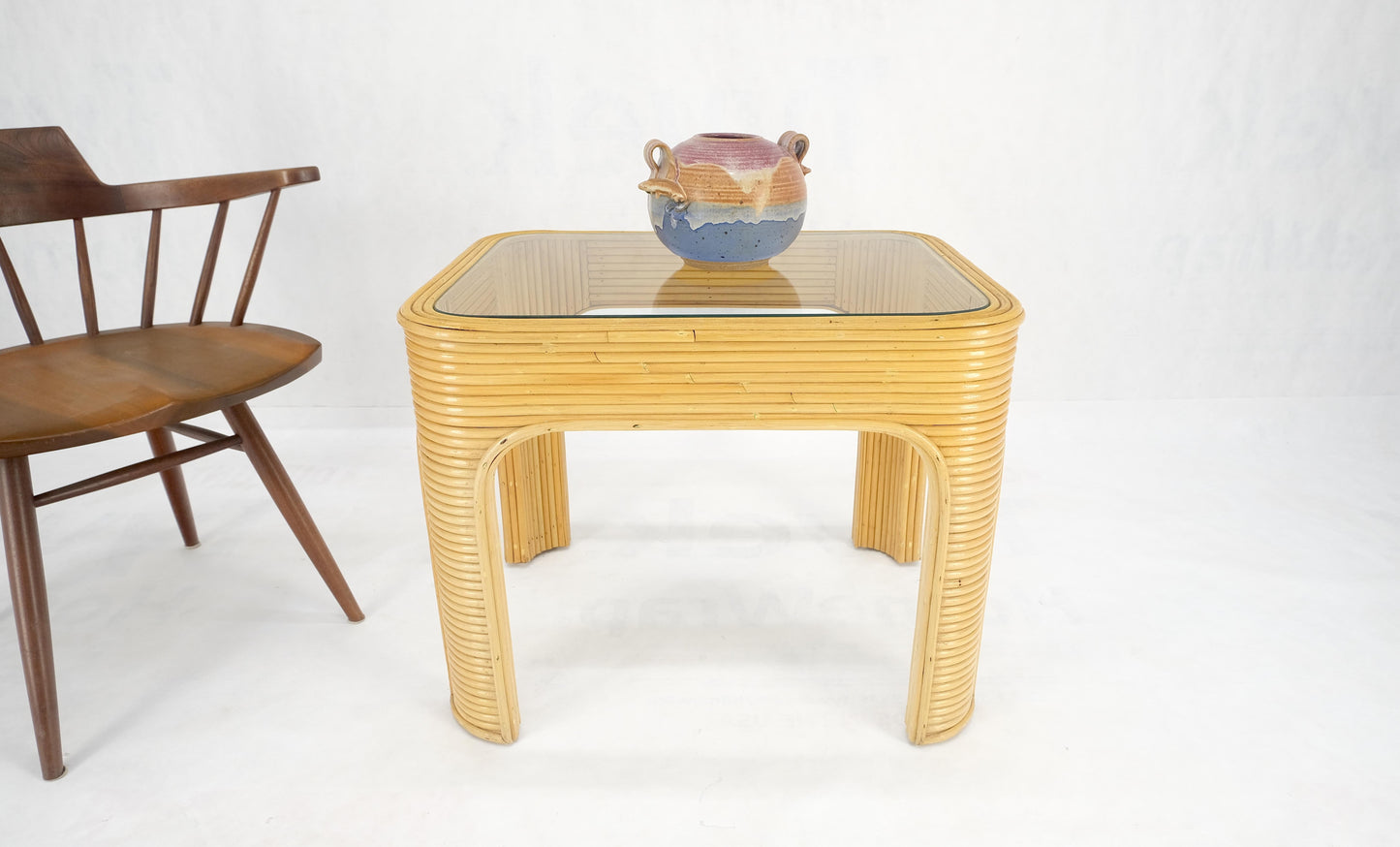 EstablishedLines Blond Rattan Reed Glass Top c1970s Side End Occasional Table Stand MINT!