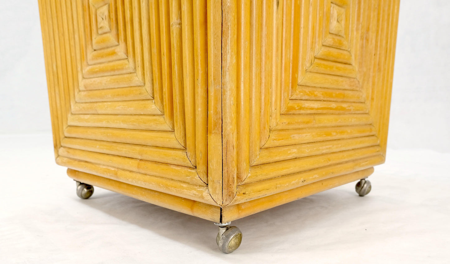 EstablishedLines Mid-Century Modern Reed Bamboo Rattan Square Cube Shape Planter Stand on Wheels