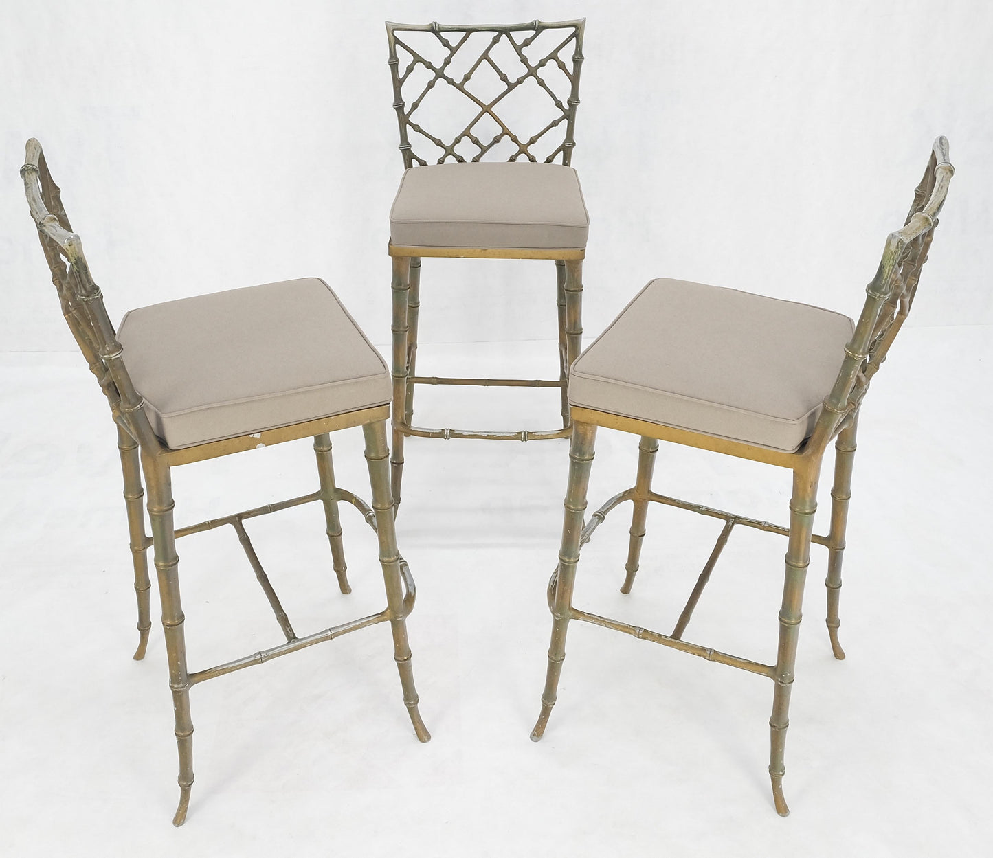 EstablishedLines Cast Aluminum set of 3 Faux Bamboo Bar Stools New Alcantera Fabric Upholstery
