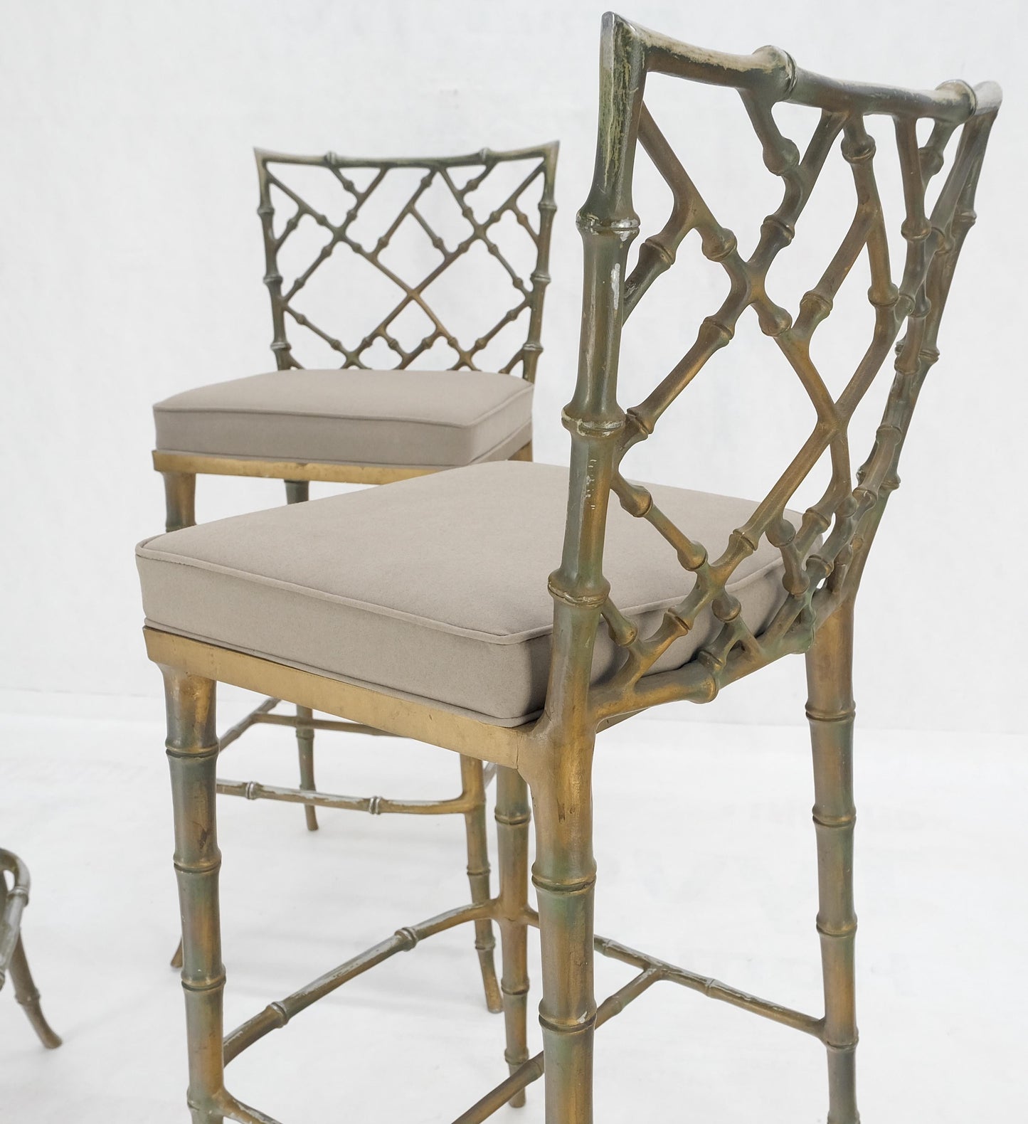 EstablishedLines Cast Aluminum set of 3 Faux Bamboo Bar Stools New Alcantera Fabric Upholstery