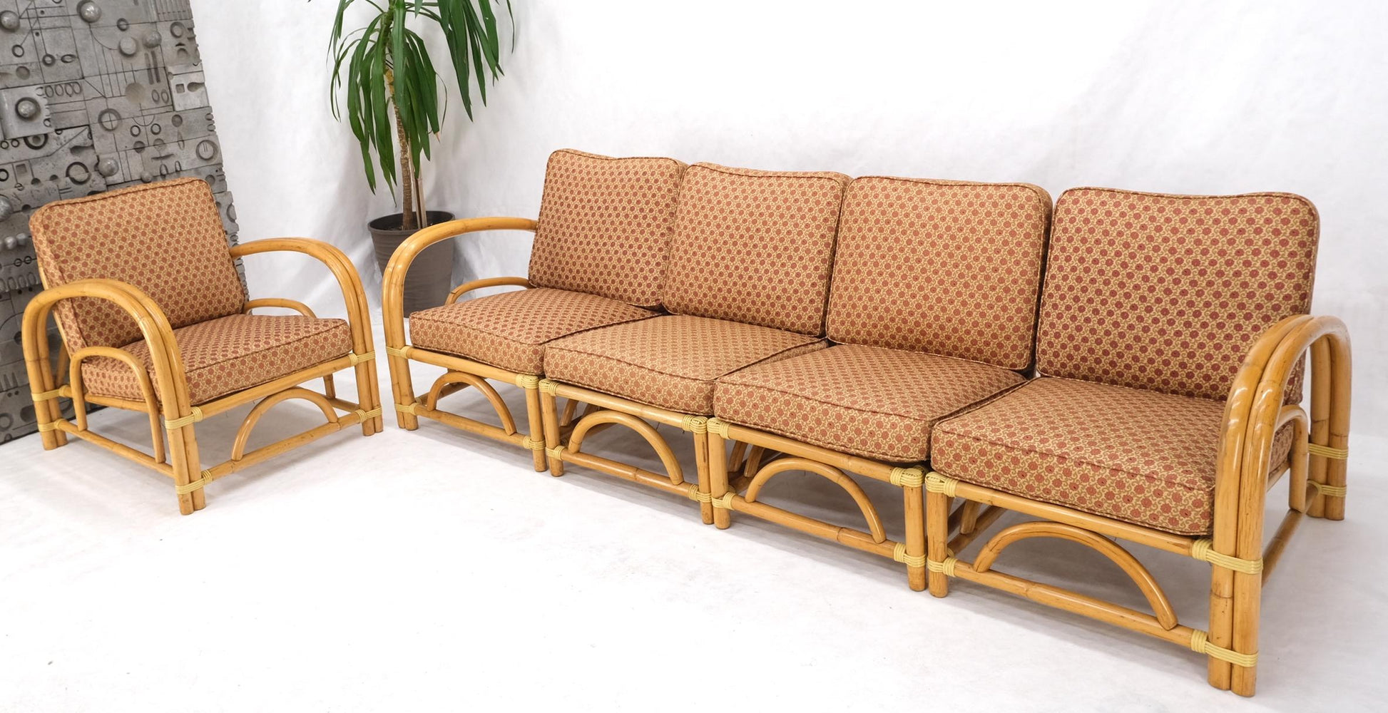 EstablishedLines 5 Pieces Set of Mid Century Rattan Bamboo Sectional Sofa & Arm Longe Chair Mint