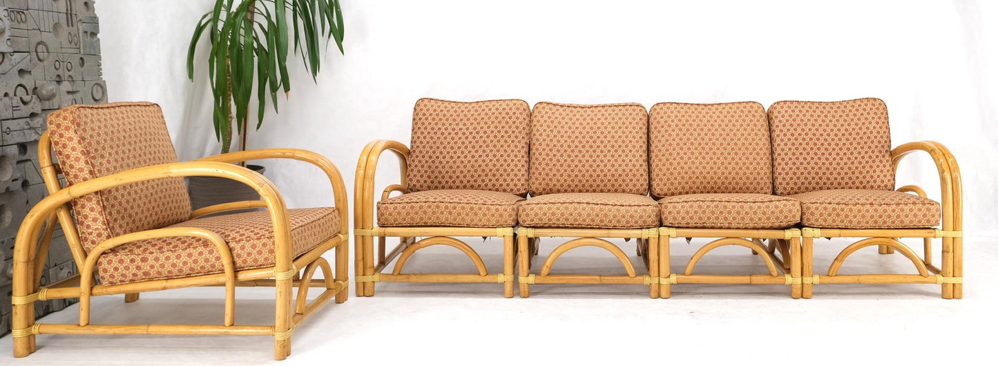EstablishedLines 5 Pieces Set of Mid Century Rattan Bamboo Sectional Sofa & Arm Longe Chair Mint