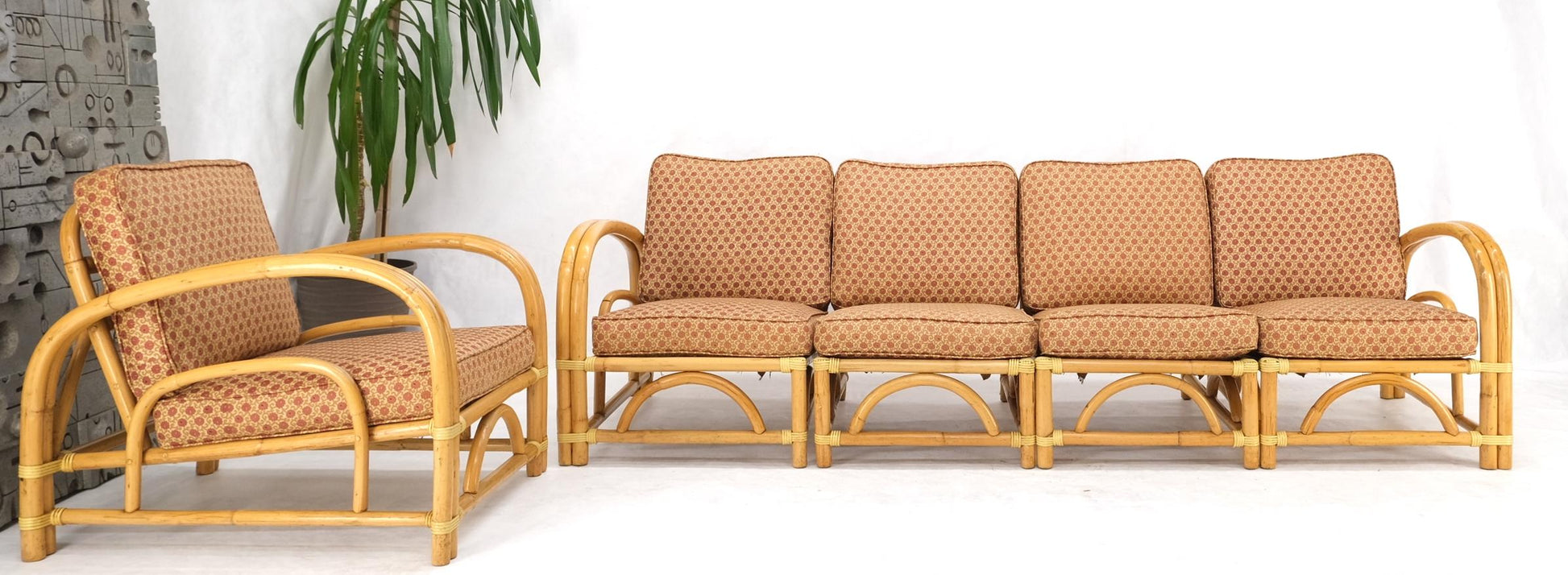 EstablishedLines 5 Pieces Set of Mid Century Rattan Bamboo Sectional Sofa & Arm Longe Chair Mint