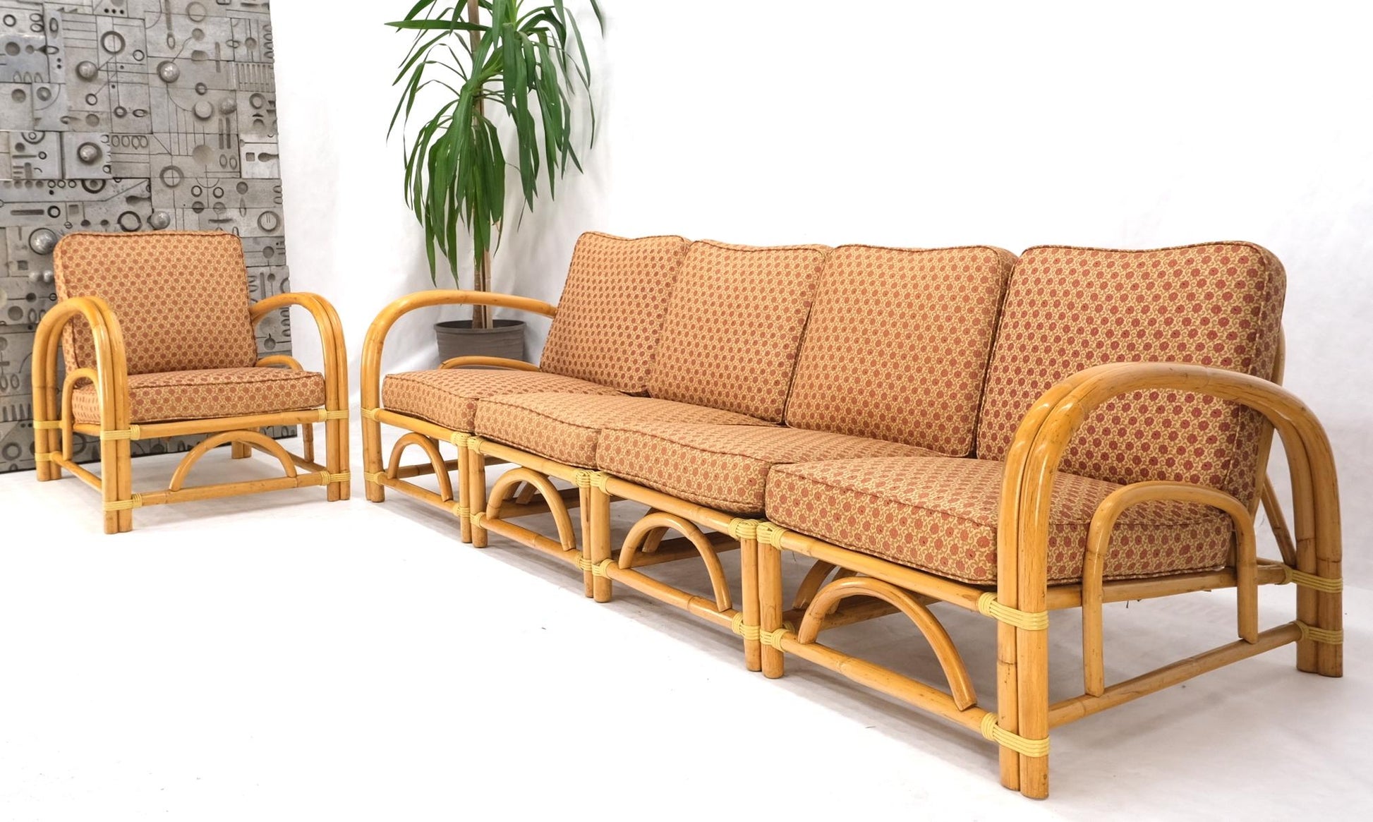 EstablishedLines 5 Pieces Set of Mid Century Rattan Bamboo Sectional Sofa & Arm Longe Chair Mint