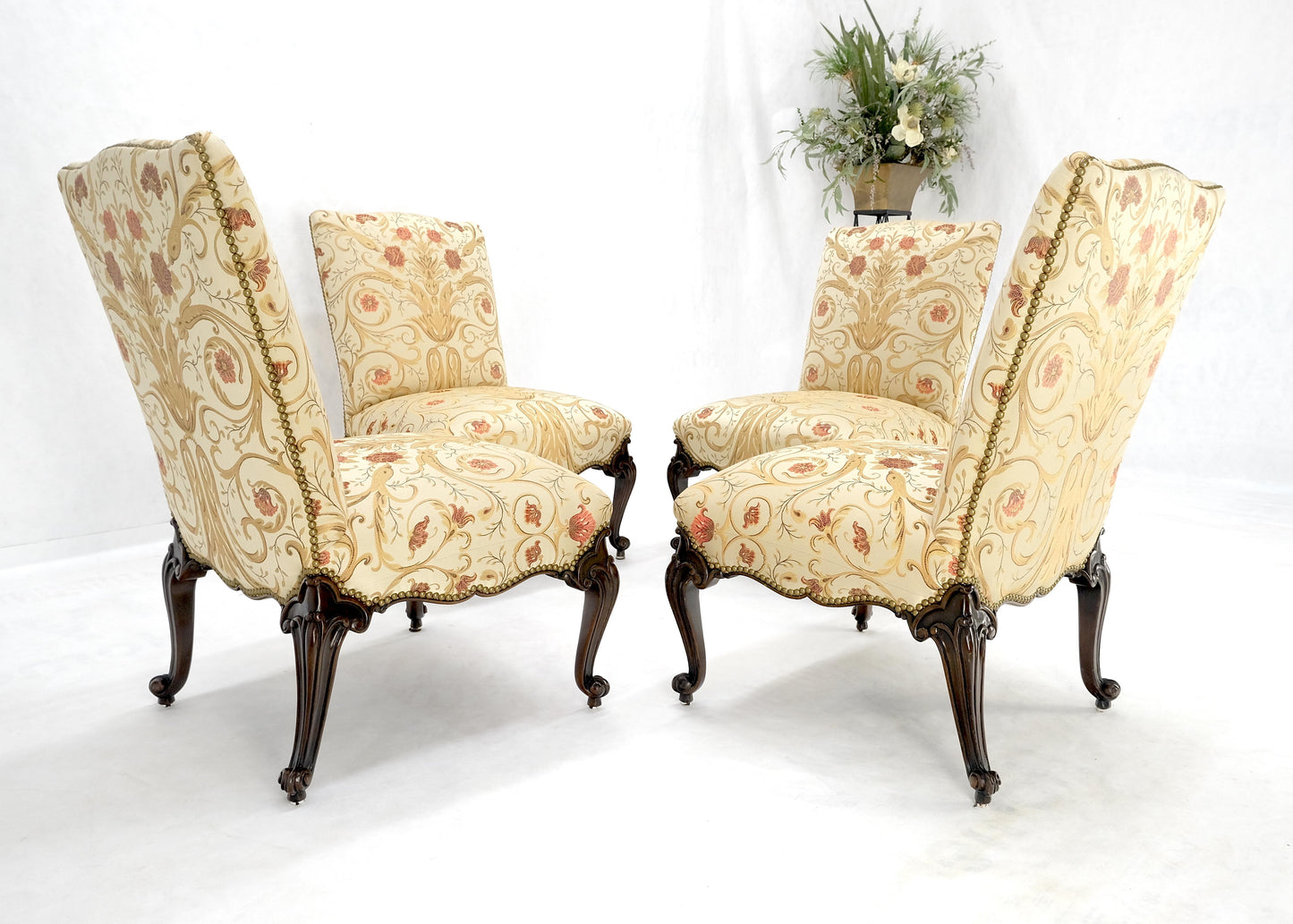 EstablishedLines Set 4 Floral Gold & Red Upholstery Fine Carved Legs Slipper Lounge Chairs MINT!