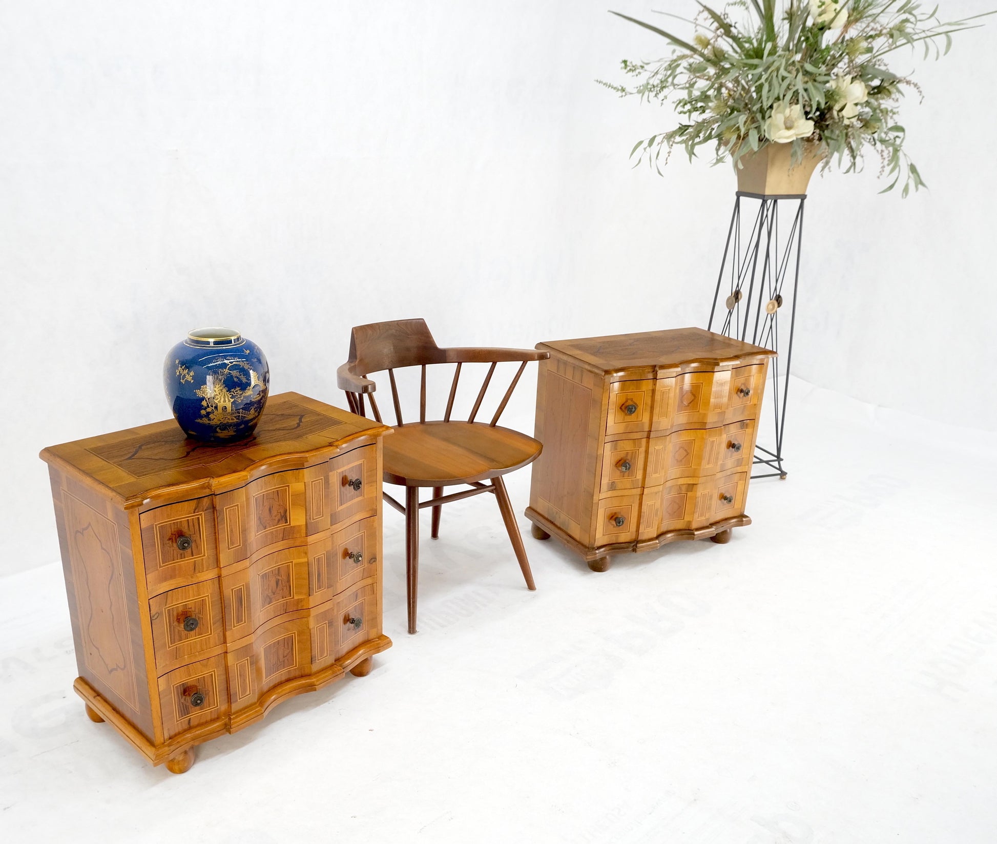 EstablishedLines Pair of Fine Italian Inlaid Three Drawers Banded Tops Nightstands Small Dresser