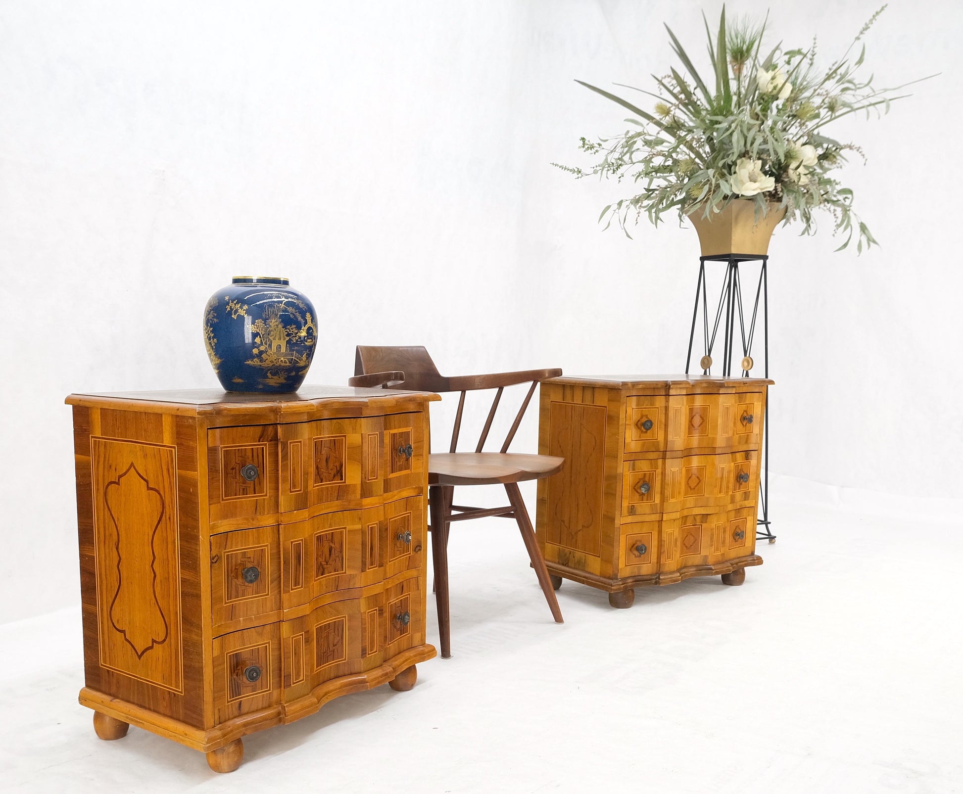 EstablishedLines Pair of Fine Italian Inlaid Three Drawers Banded Tops Nightstands Small Dresser