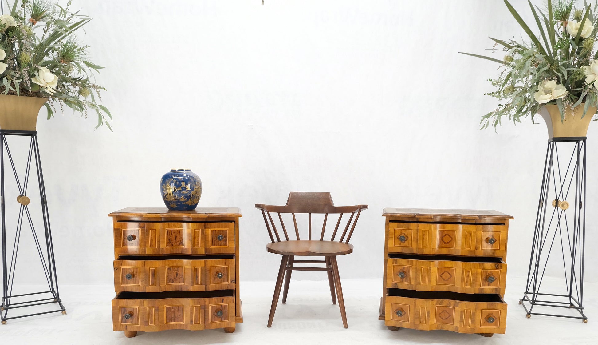 EstablishedLines Pair of Fine Italian Inlaid Three Drawers Banded Tops Nightstands Small Dresser