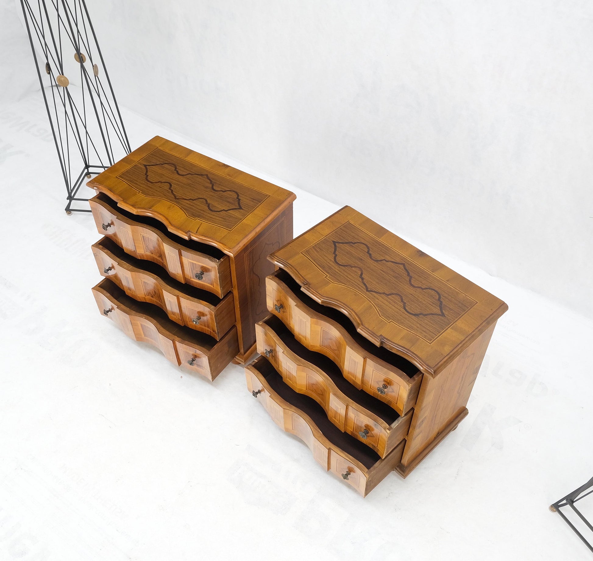 EstablishedLines Pair of Fine Italian Inlaid Three Drawers Banded Tops Nightstands Small Dresser