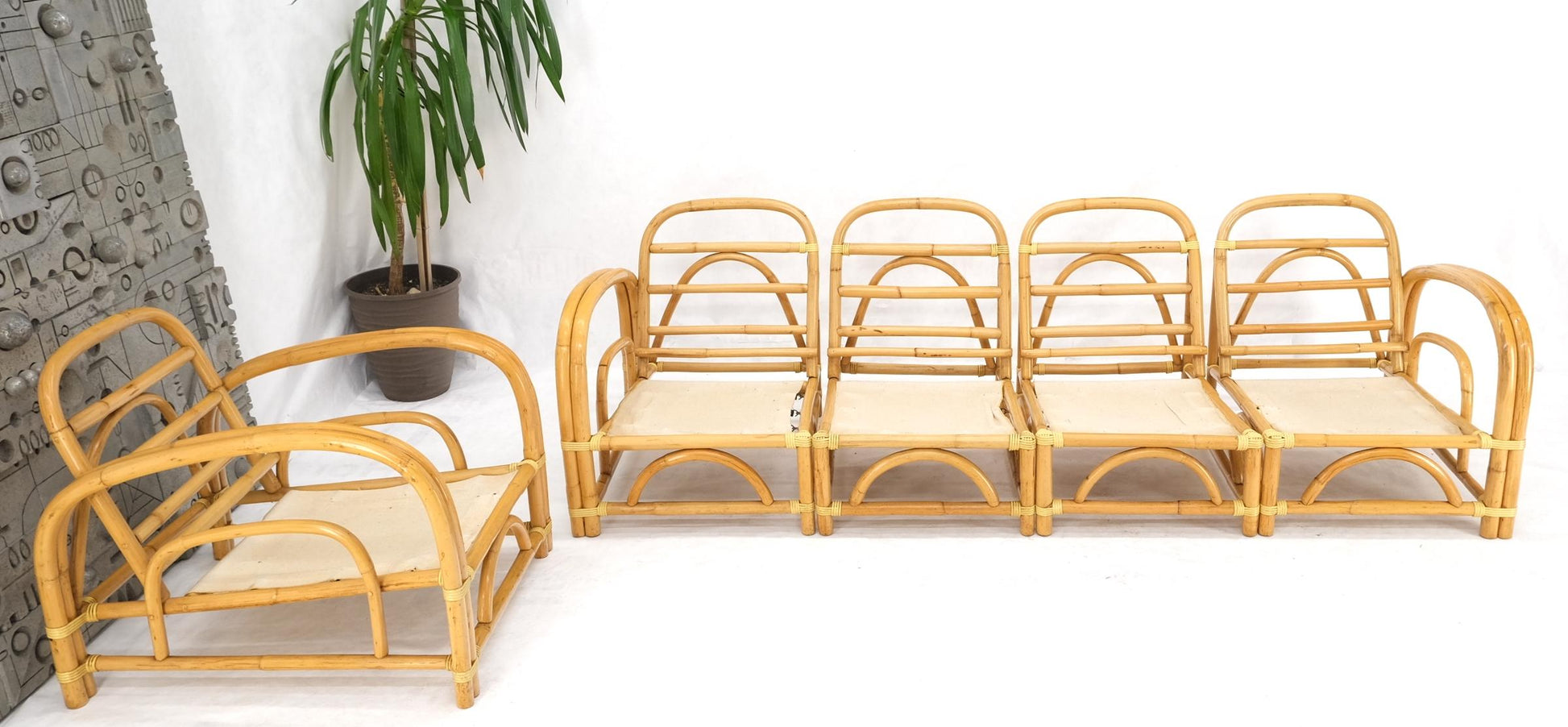 EstablishedLines 5 Pieces Set of Mid Century Rattan Bamboo Sectional Sofa & Arm Longe Chair Mint