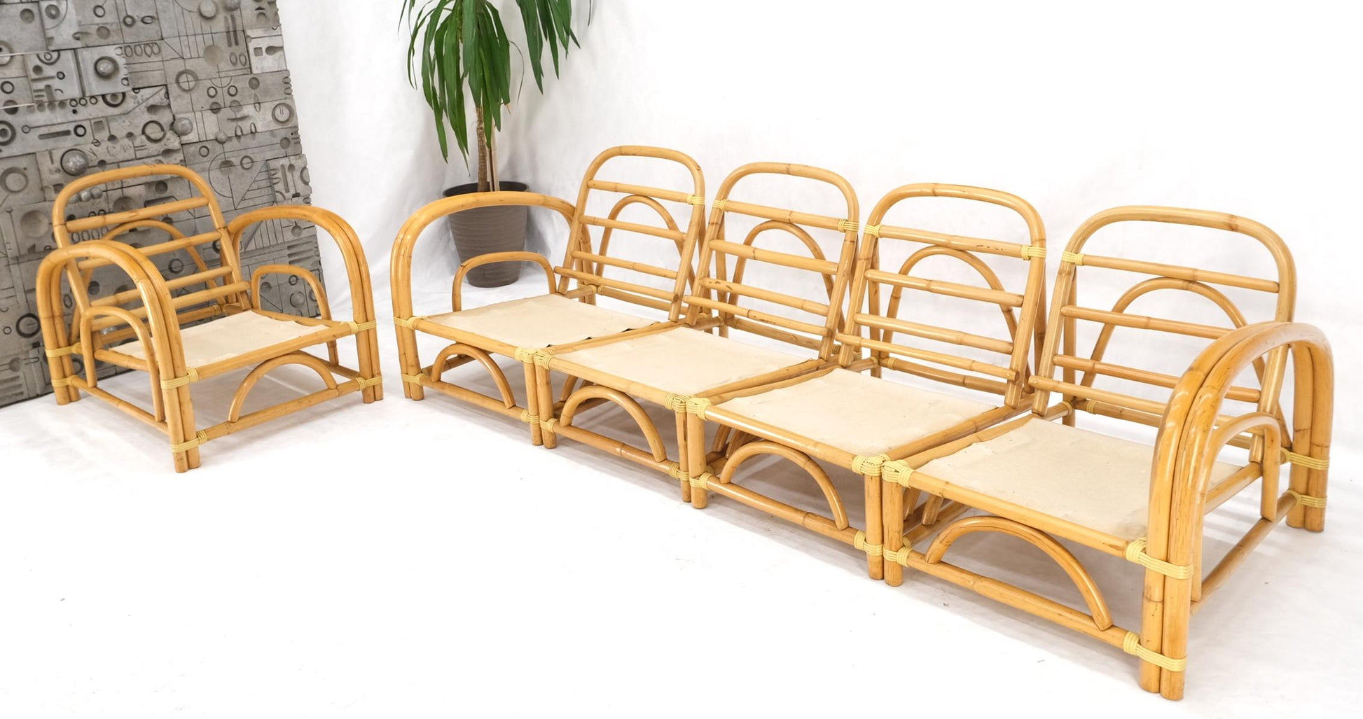 EstablishedLines 5 Pieces Set of Mid Century Rattan Bamboo Sectional Sofa & Arm Longe Chair Mint